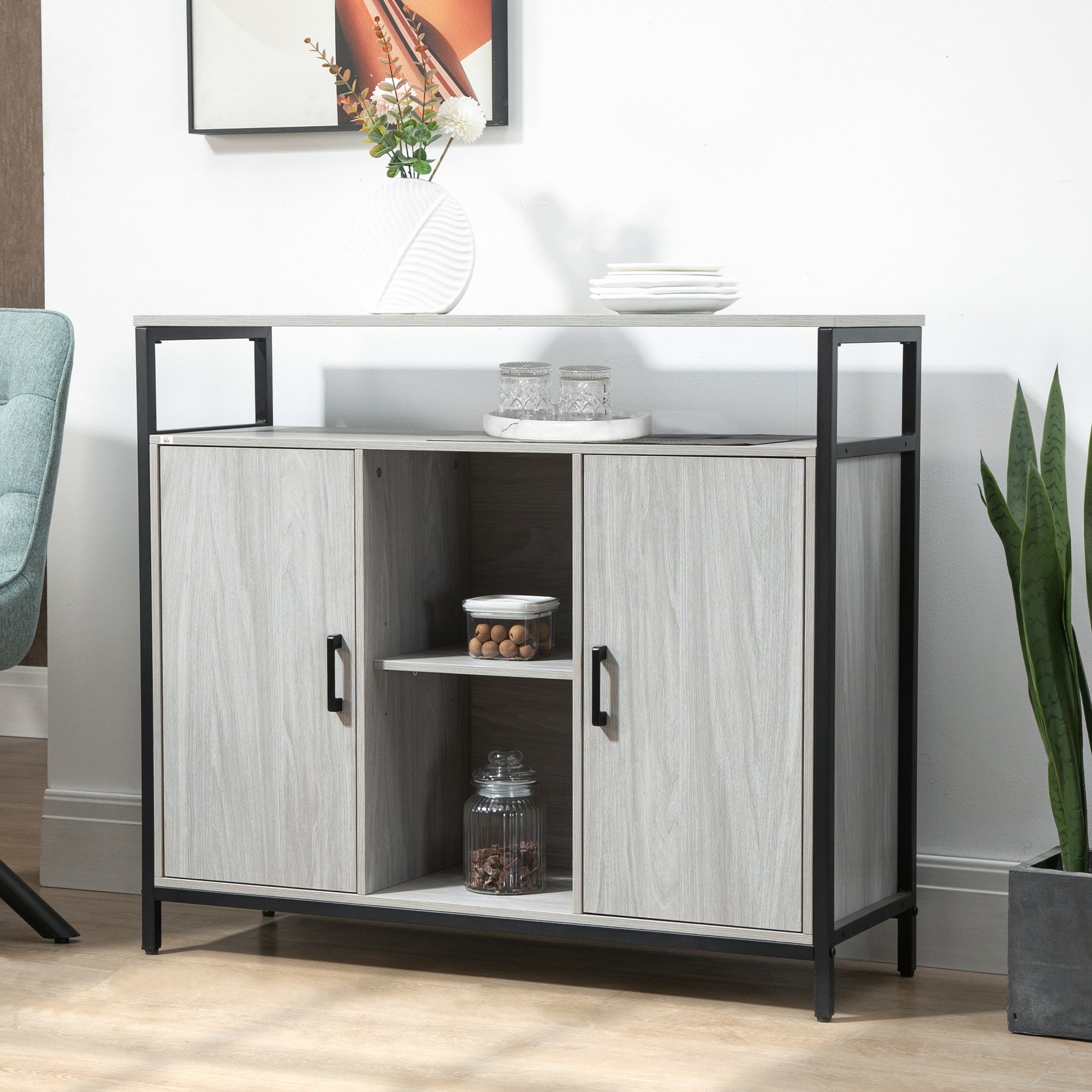 Easycomfort Credenza Moderna in Legno with 2 Armadietti e Ripiani, Mobile Cucina e per Ingresso Grigio Chiaro, 100x34x87.2cm