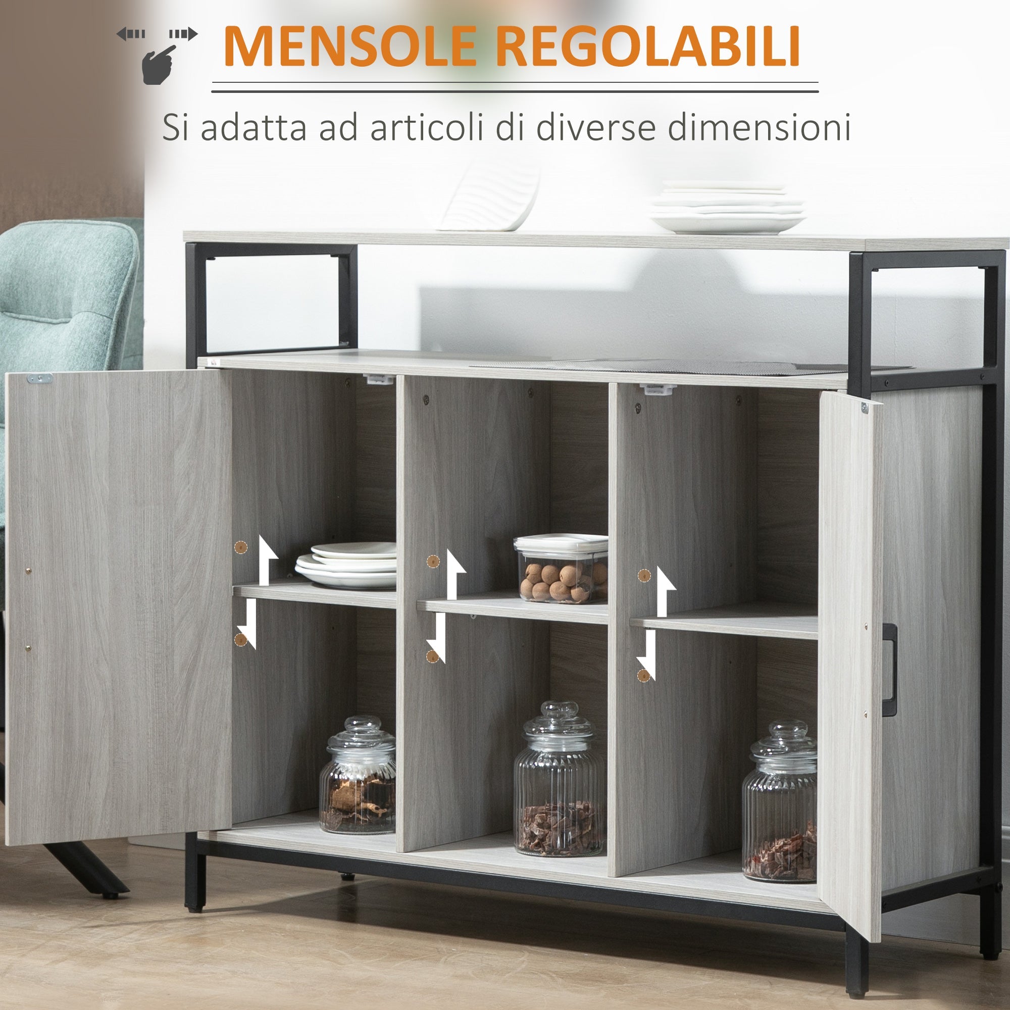 Easycomfort Credenza Moderna in Legno with 2 Armadietti e Ripiani, Mobile Cucina e per Ingresso Grigio Chiaro, 100x34x87.2cm