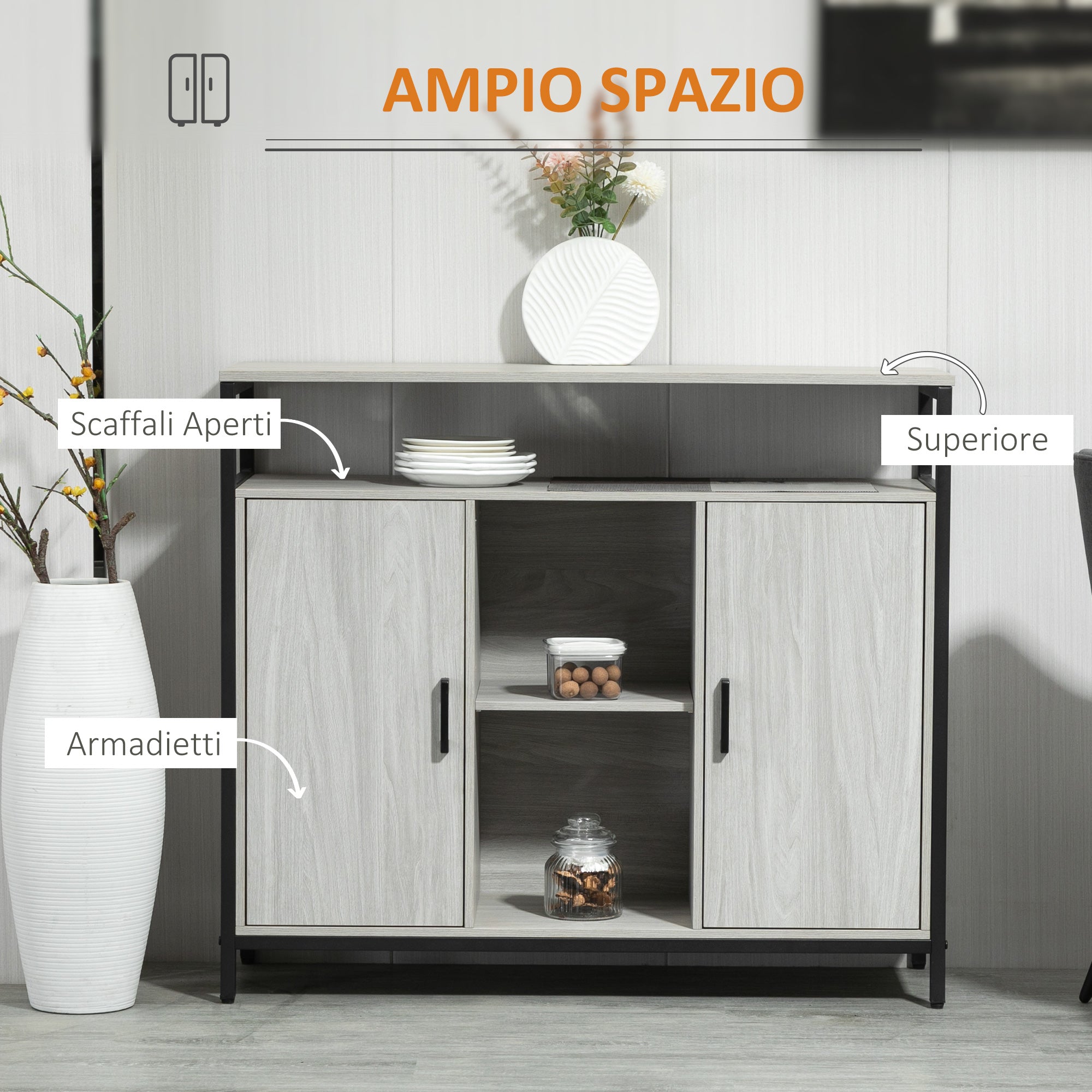 Easycomfort Credenza Moderna in Legno with 2 Armadietti e Ripiani, Mobile Cucina e per Ingresso Grigio Chiaro, 100x34x87.2cm