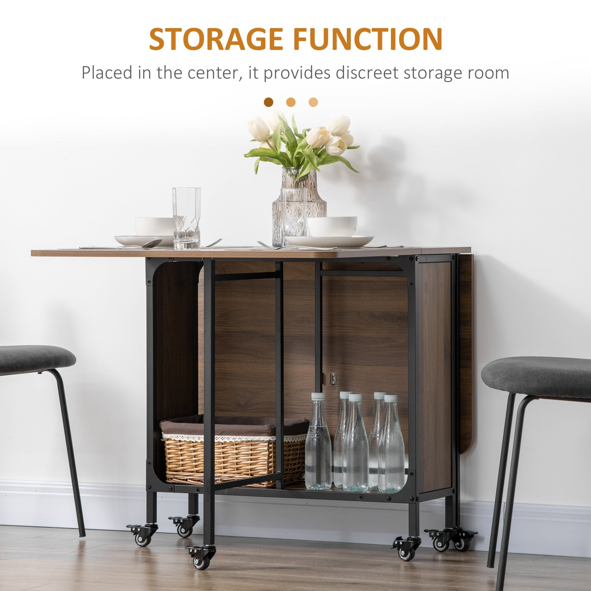 Easycomfort Tavolo Pieghevole with 6 Ruote e Mensola Stile Industriale in Legno e Metallo, Marrone Chiaro