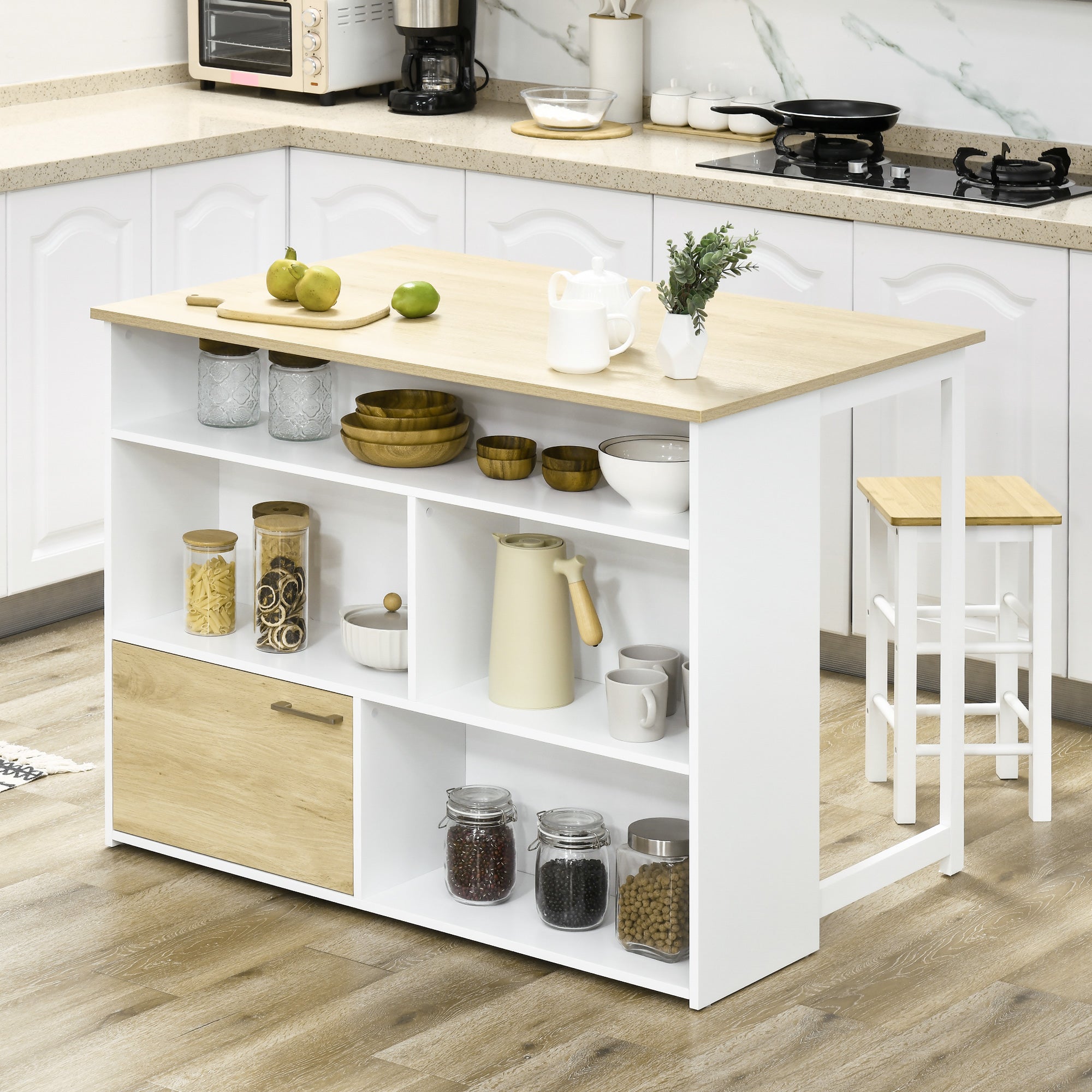 EasyComfort Bartafel MDF voor 2 personen, 4 open planken + kast, 116x79.5x91 cm