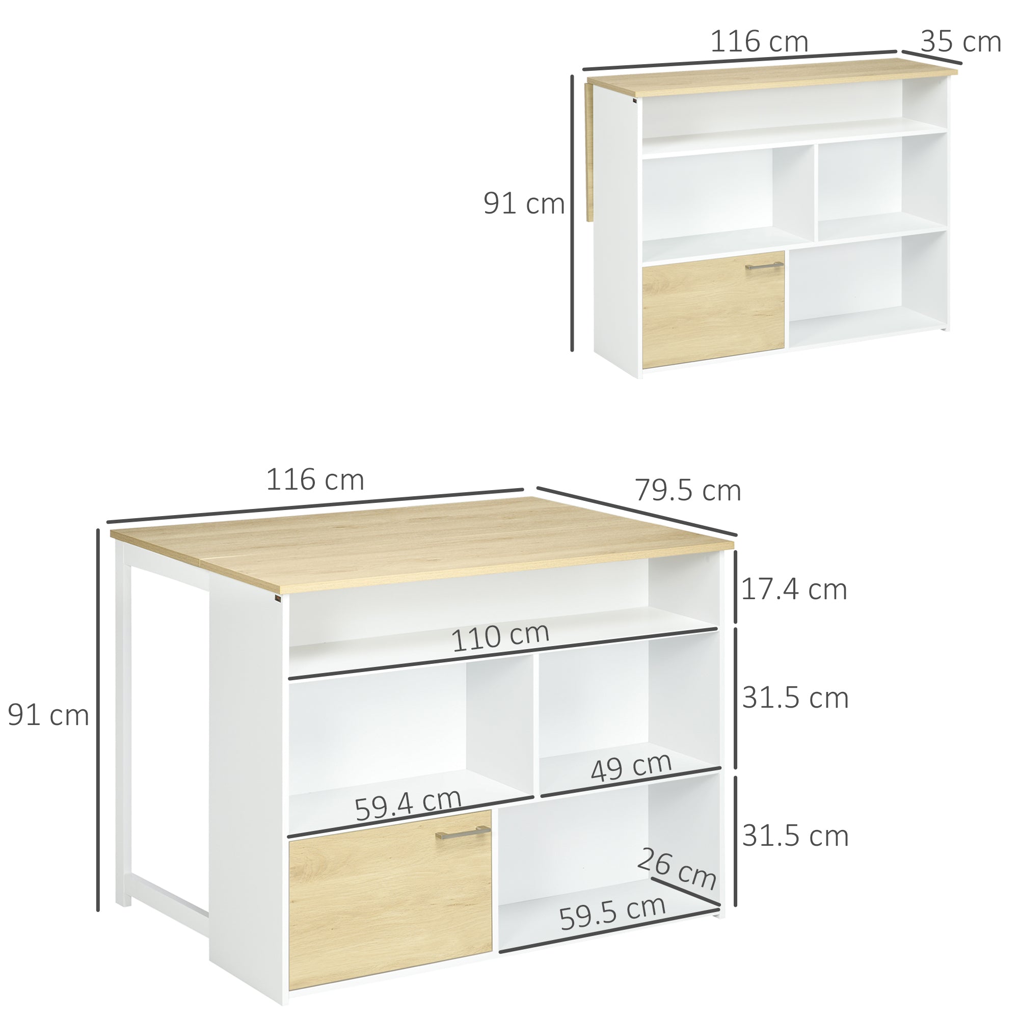 EasyComfort Bartafel MDF voor 2 personen, 4 open planken + kast, 116x79.5x91 cm