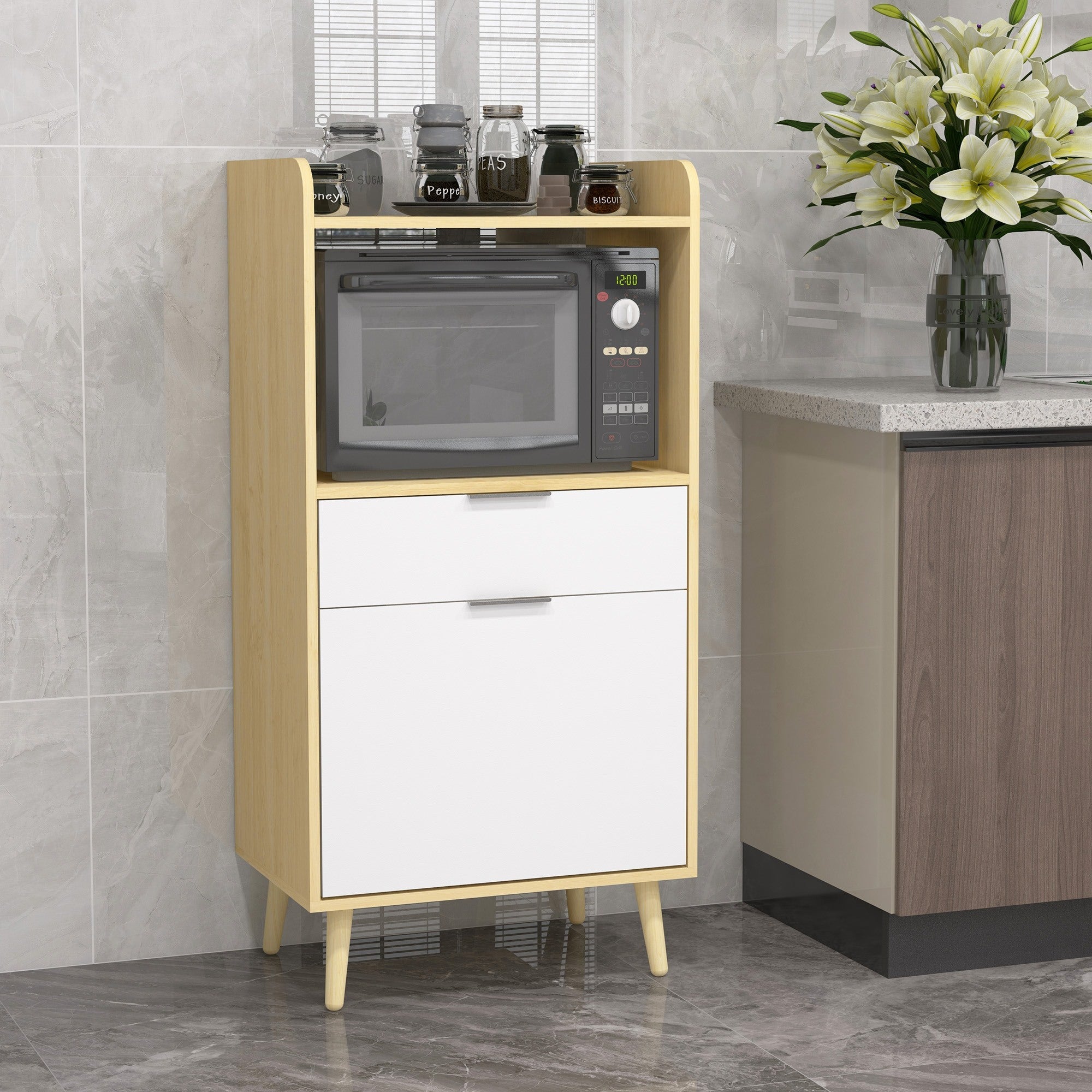 Easycomfort Mobiletto per Microonde in Truciolato with Ripiano Superiore, Cassetto Scorrevole e Armadietto, 58x40x118 cm