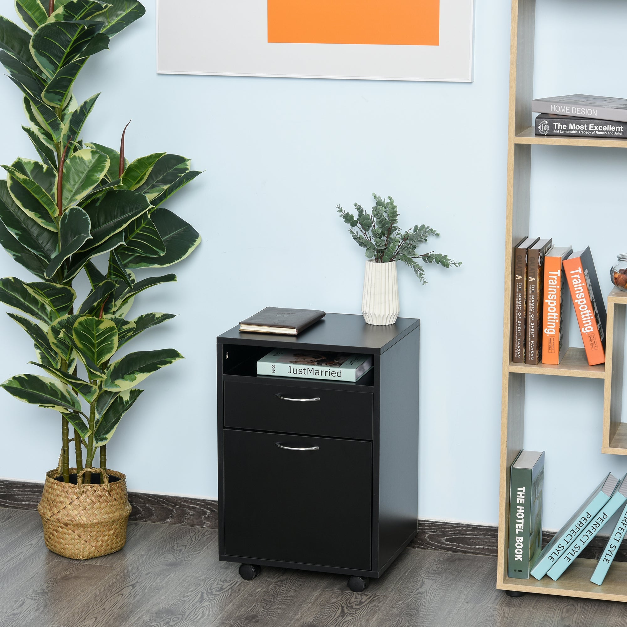 Easycomfort Cassettiera Portadocumenti da Ufficio in Legno black with 2 Cassetti, 4 Ruote Ominidirezionali, 40 x 35 x 60cm