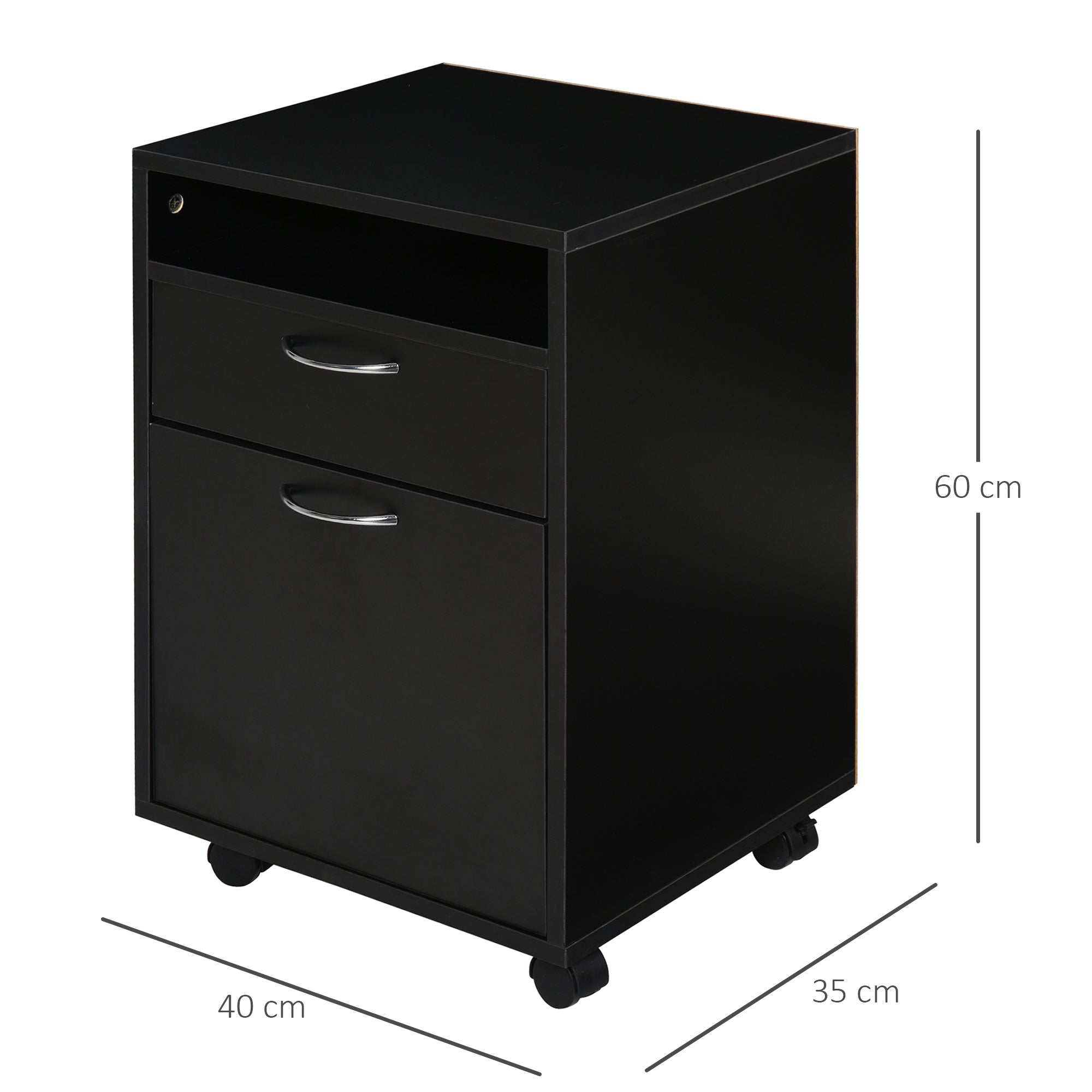 Easycomfort Cassettiera Portadocumenti da Ufficio in Legno black with 2 Cassetti, 4 Ruote Ominidirezionali, 40 x 35 x 60cm