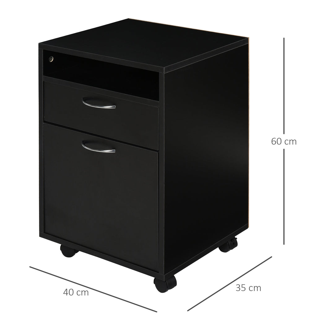 Easycomfort Cassettiera Portadocumenti da Ufficio in Legno black with 2 Cassetti, 4 Ruote Ominidirezionali, 40 x 35 x 60cm