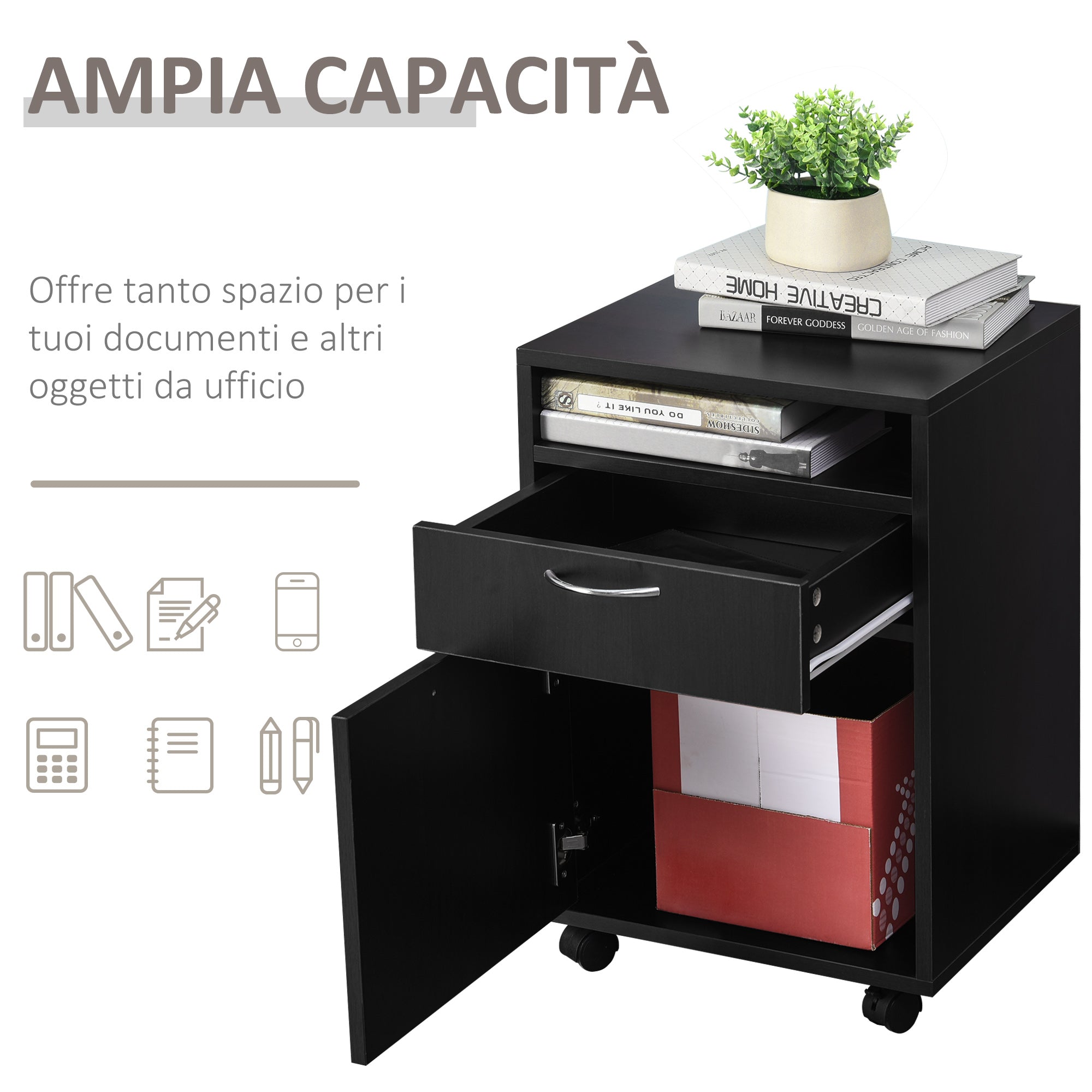Easycomfort Cassettiera Portadocumenti da Ufficio in Legno black with 2 Cassetti, 4 Ruote Ominidirezionali, 40 x 35 x 60cm