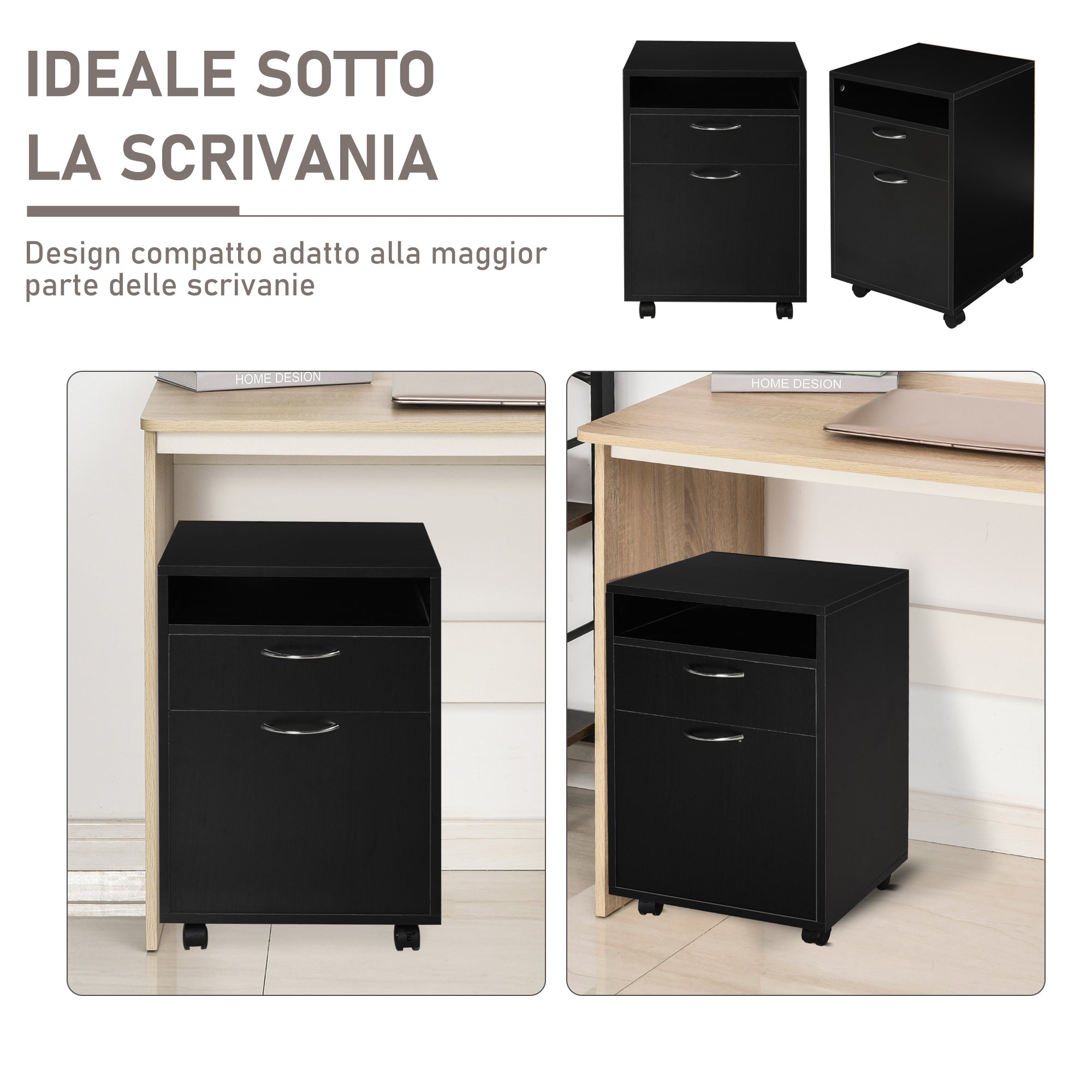 Easycomfort Cassettiera Portadocumenti da Ufficio in Legno black with 2 Cassetti, 4 Ruote Ominidirezionali, 40 x 35 x 60cm