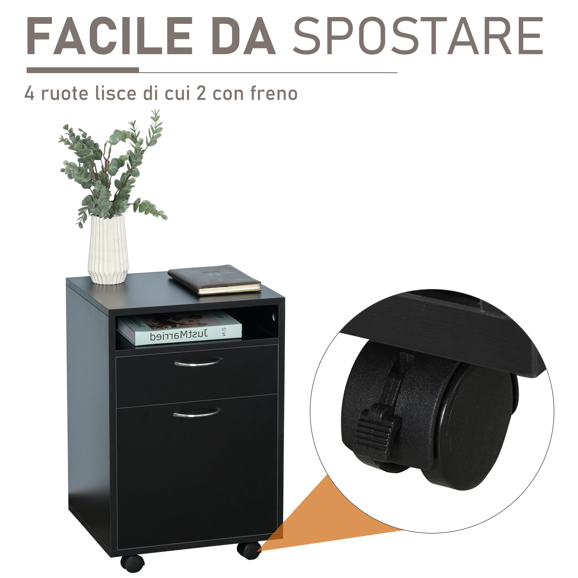 Easycomfort Cassettiera Portadocumenti da Ufficio in Legno black with 2 Cassetti, 4 Ruote Ominidirezionali, 40 x 35 x 60cm