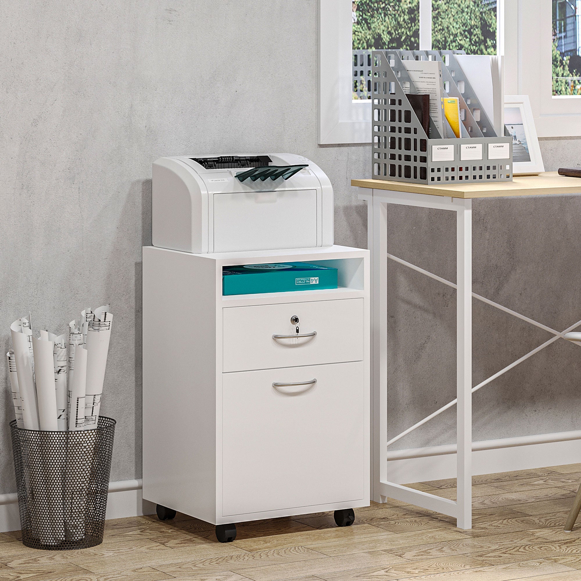 Easycomfort Cassettiera per Ufficio with 2 Chiavi, Cassetto, Armadietto e 4 Ruote in Legno white, 40x35x60cm