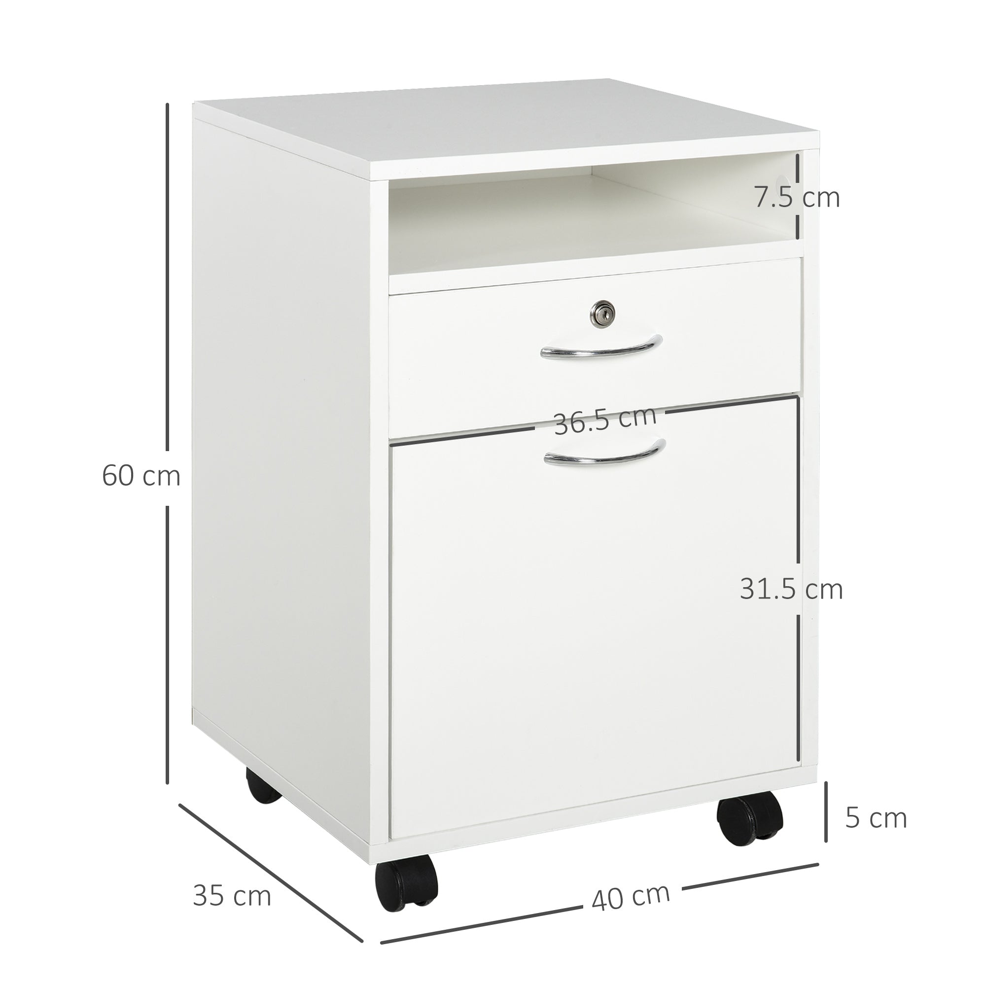 Easycomfort Cassettiera per Ufficio with 2 Chiavi, Cassetto, Armadietto e 4 Ruote in Legno white, 40x35x60cm