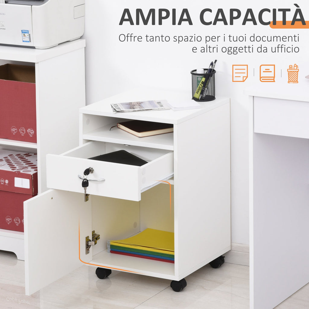 Easycomfort Cassettiera per Ufficio with 2 Chiavi, Cassetto, Armadietto e 4 Ruote in Legno white, 40x35x60cm