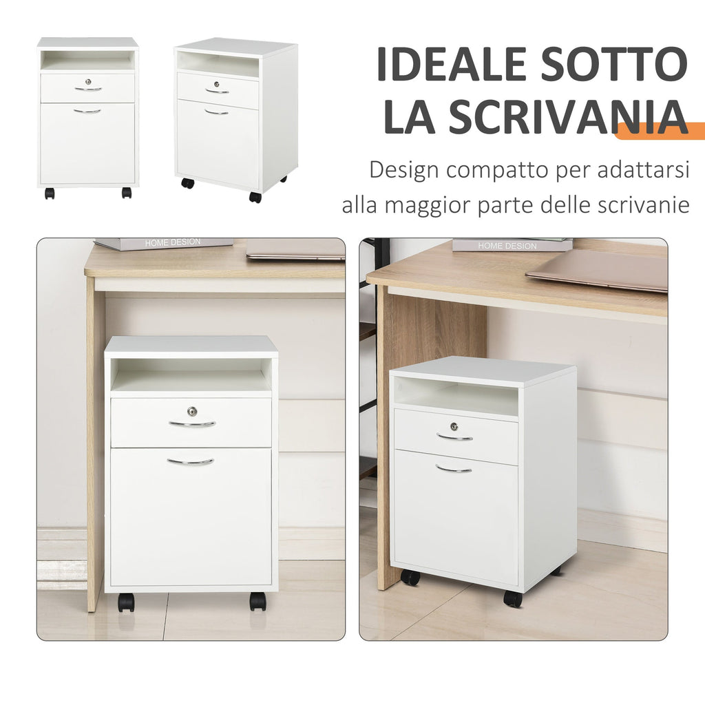 Easycomfort Cassettiera per Ufficio with 2 Chiavi, Cassetto, Armadietto e 4 Ruote in Legno white, 40x35x60cm