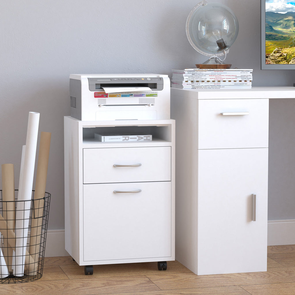 Easycomfort Cassettiera Portadocumenti da Ufficio in Legno white with 2 Cassetti, 4 Ruote Ominidirezionali, 40 x 35 x 60cm