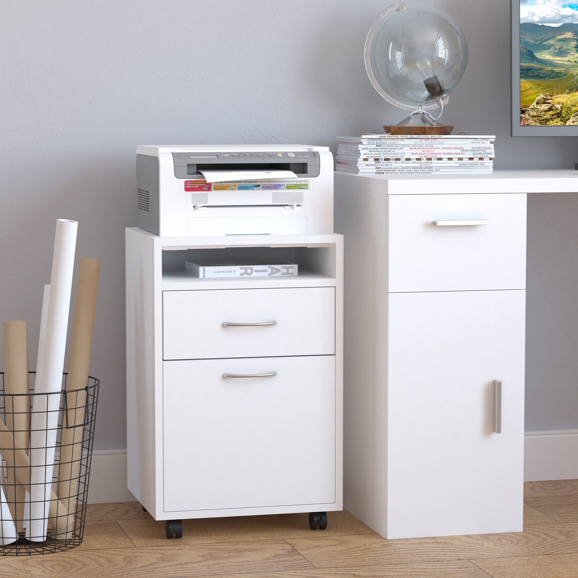 Easycomfort Cassettiera Portadocumenti da Ufficio in Legno white with 2 Cassetti, 4 Ruote Ominidirezionali, 40 x 35 x 60cm