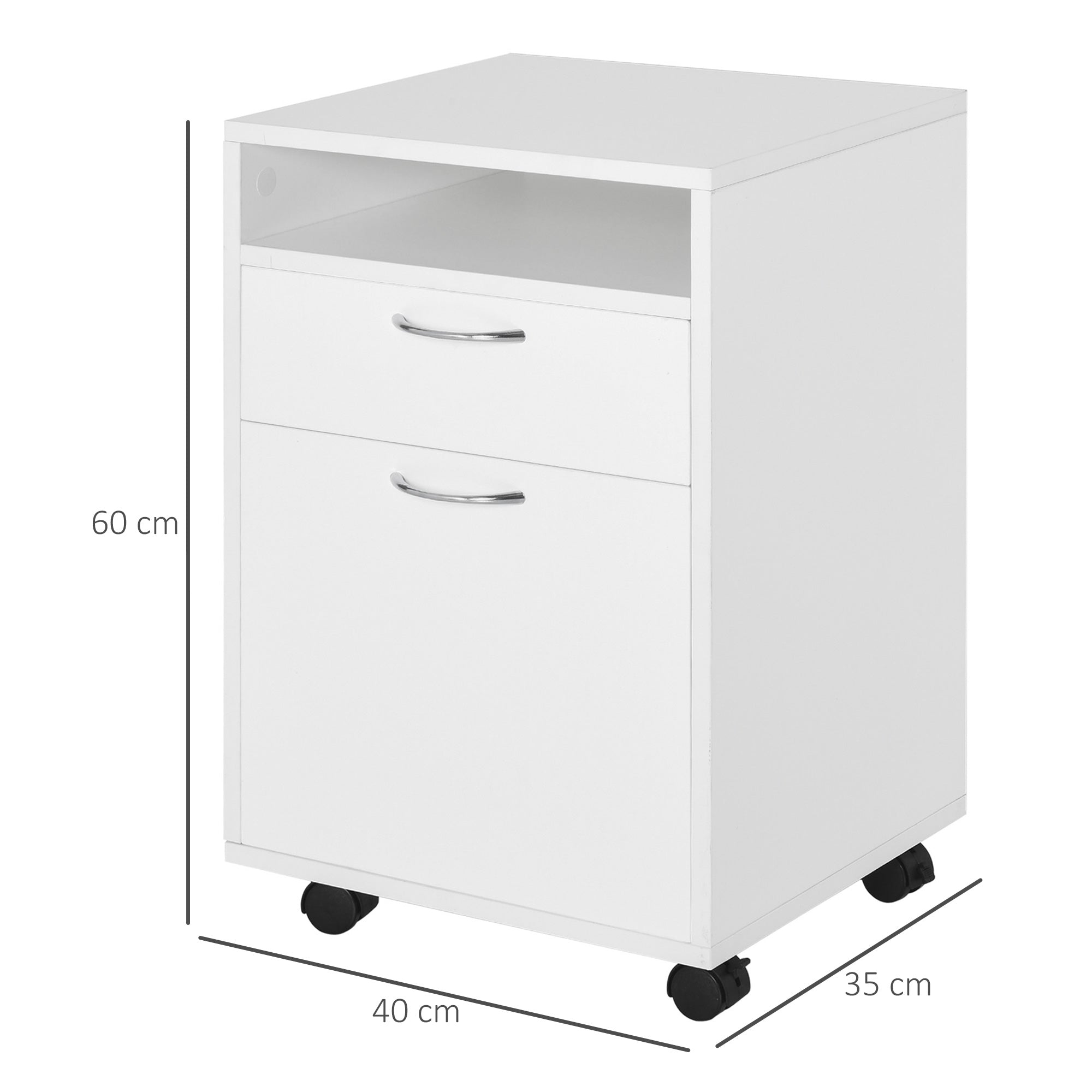 Easycomfort Cassettiera Portadocumenti da Ufficio in Legno white with 2 Cassetti, 4 Ruote Ominidirezionali, 40 x 35 x 60cm