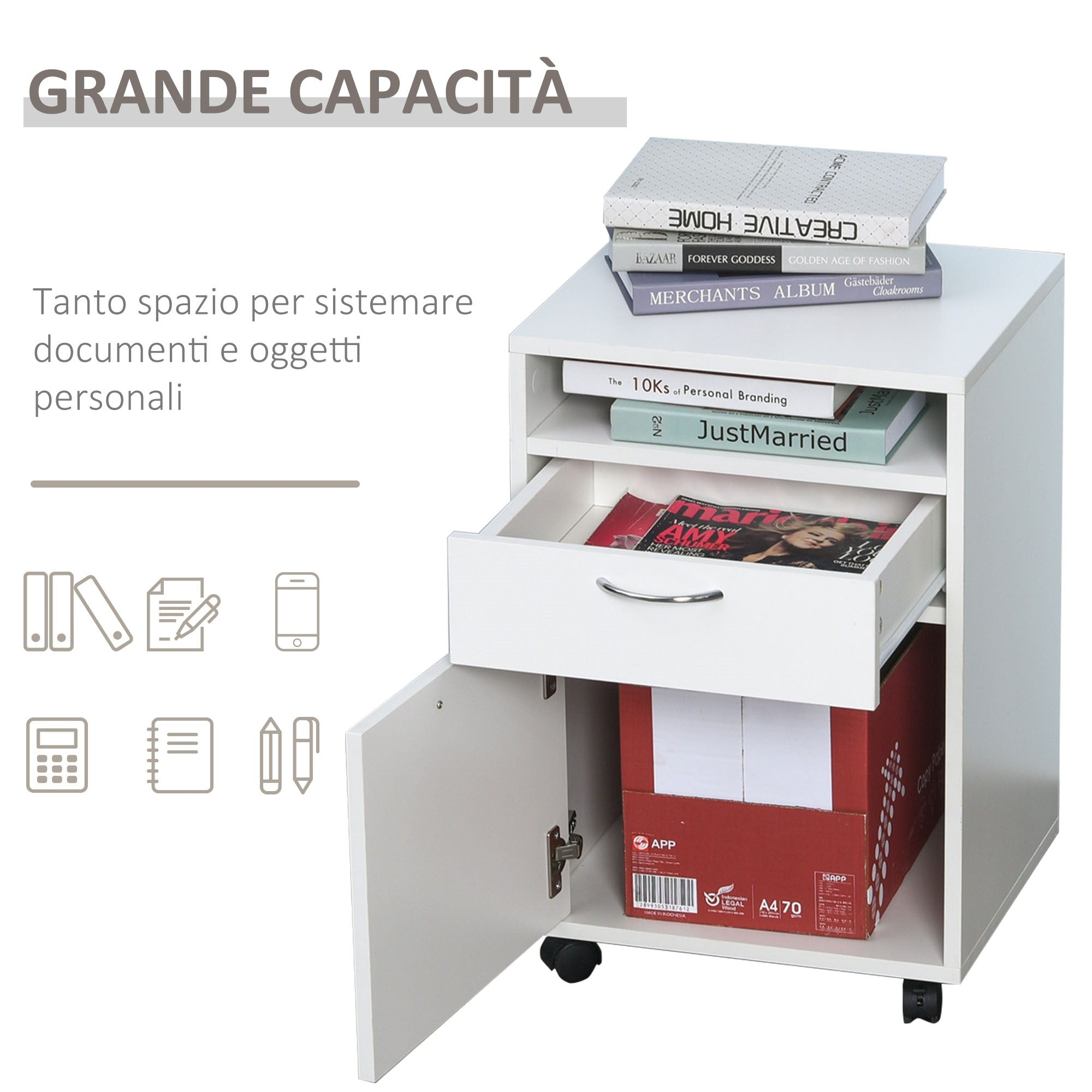 Easycomfort Cassettiera Portadocumenti da Ufficio in Legno white with 2 Cassetti, 4 Ruote Ominidirezionali, 40 x 35 x 60cm