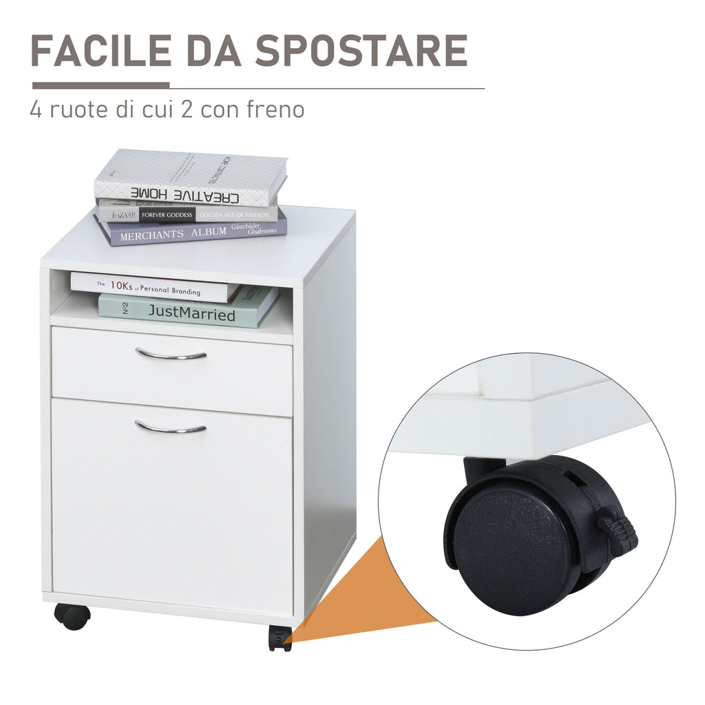Easycomfort Cassettiera Portadocumenti da Ufficio in Legno white with 2 Cassetti, 4 Ruote Ominidirezionali, 40 x 35 x 60cm