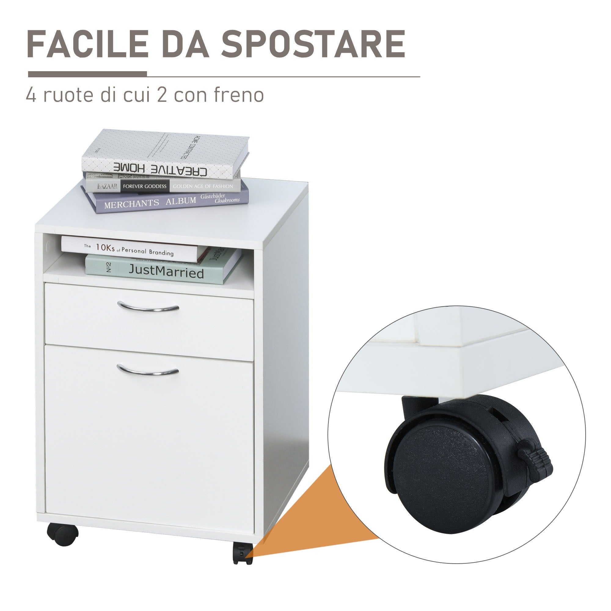 Easycomfort Cassettiera Portadocumenti da Ufficio in Legno white with 2 Cassetti, 4 Ruote Ominidirezionali, 40 x 35 x 60cm
