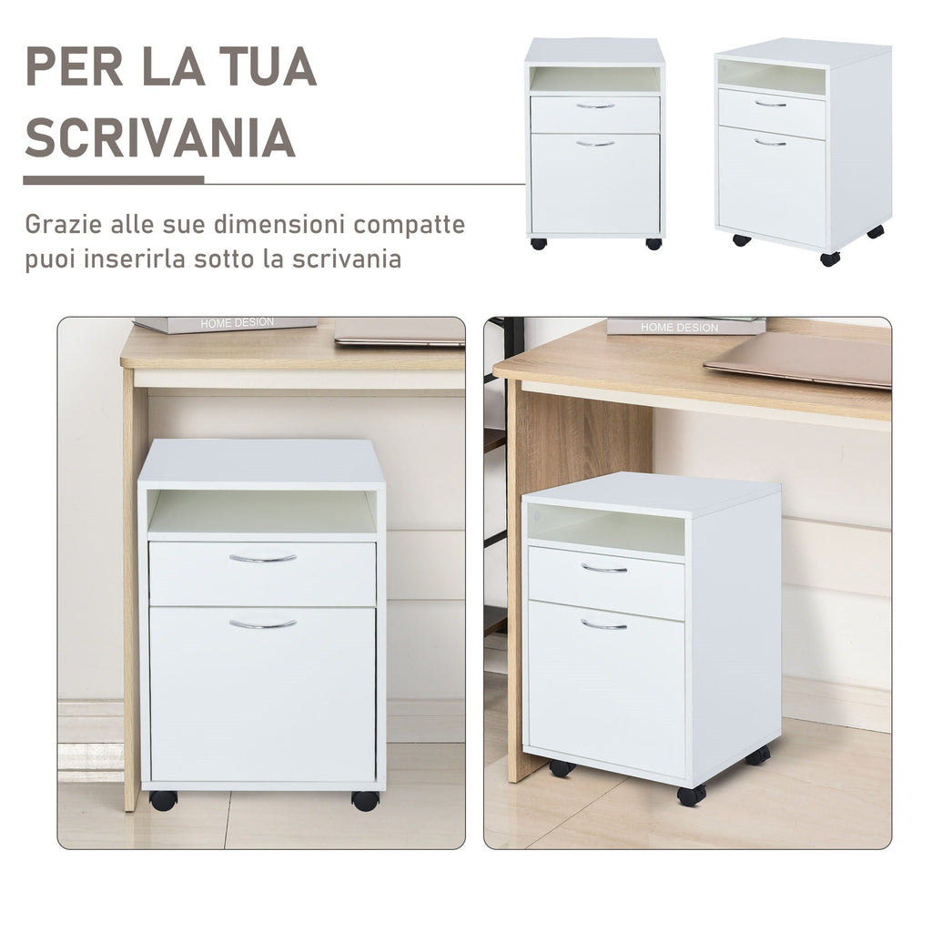 Easycomfort Cassettiera Portadocumenti da Ufficio in Legno white with 2 Cassetti, 4 Ruote Ominidirezionali, 40 x 35 x 60cm