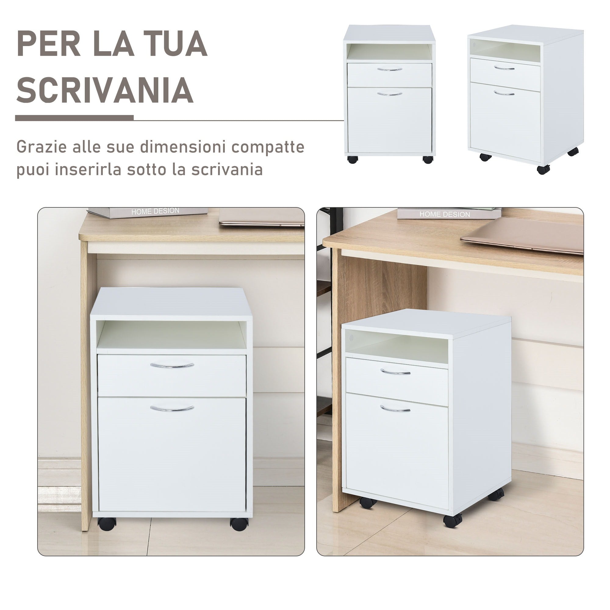 Easycomfort Cassettiera Portadocumenti da Ufficio in Legno white with 2 Cassetti, 4 Ruote Ominidirezionali, 40 x 35 x 60cm