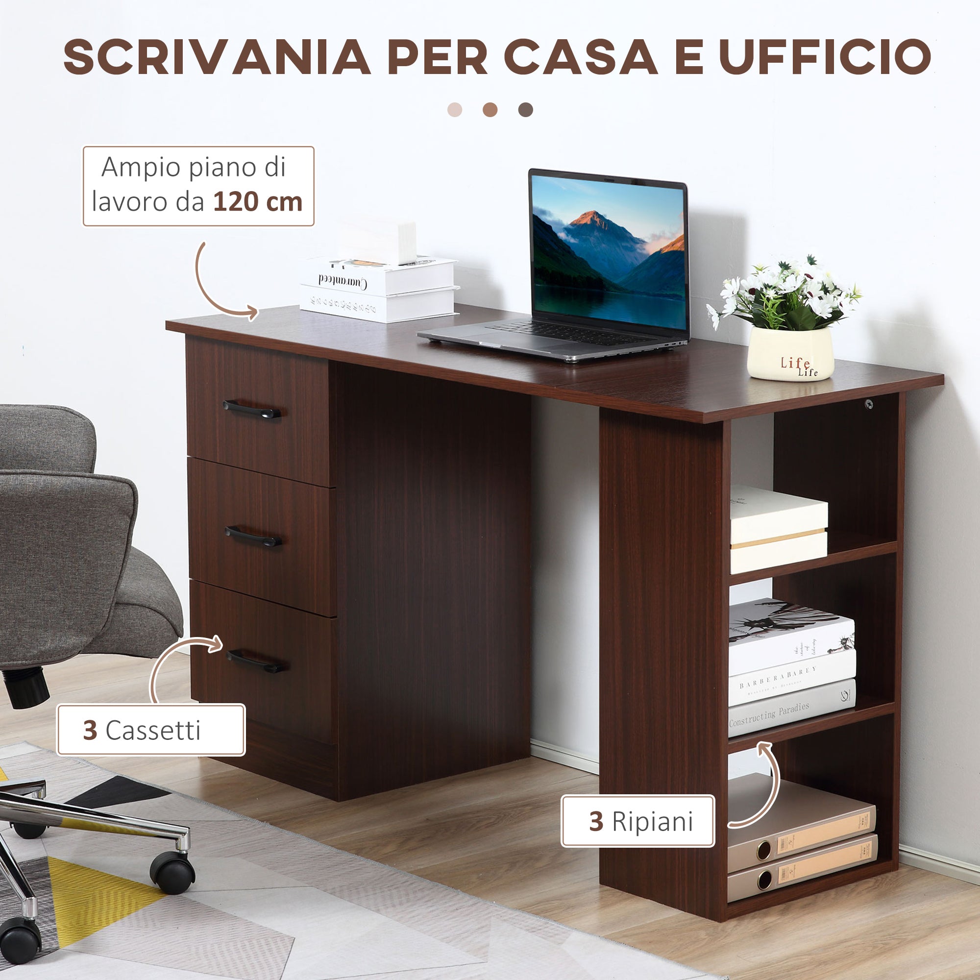 Easycomfort Scrivania Ufficio with 3 Cassetti e 3 Ripiani Reversibili in Legno, 120x49x72cm, Noce