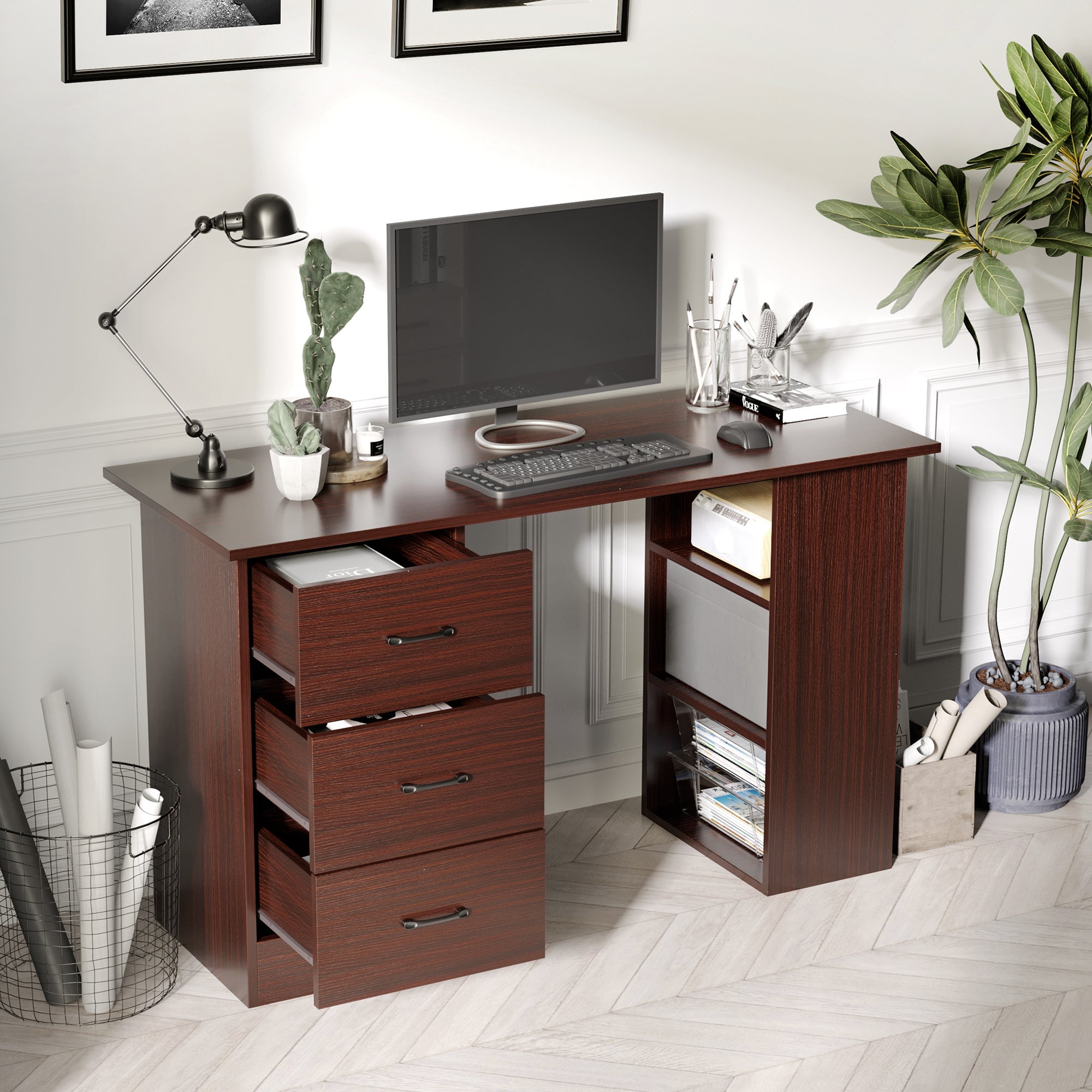 Easycomfort Scrivania Ufficio with 3 Cassetti e 3 Ripiani Reversibili in Legno, 120x49x72cm, Noce