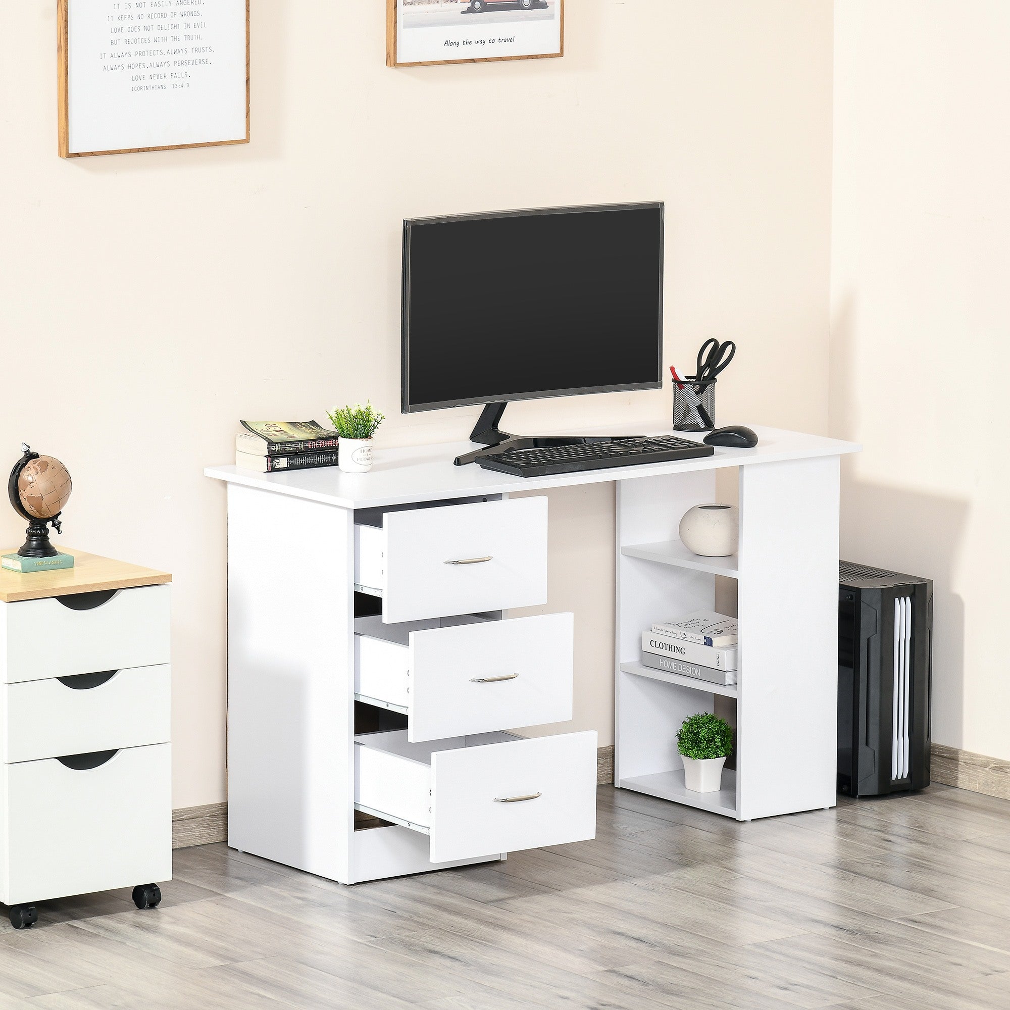 Easycomfort Scrivania Porta PC with 3 Cassetti e 3 Ripiani, Scrivania per Camera e Ufficio in Legno 120x49x72cm white