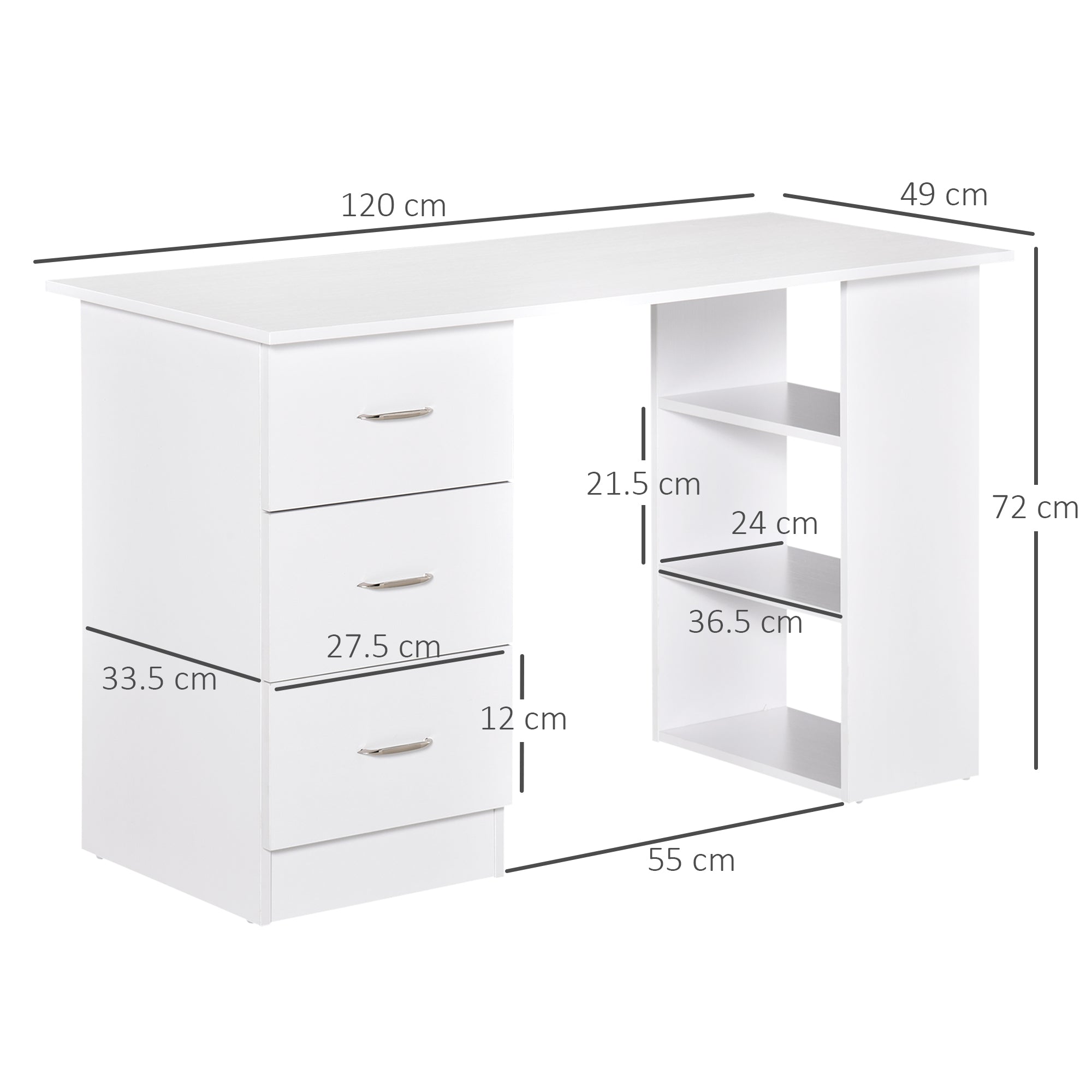 Easycomfort Scrivania Porta PC with 3 Cassetti e 3 Ripiani, Scrivania per Camera e Ufficio in Legno 120x49x72cm white