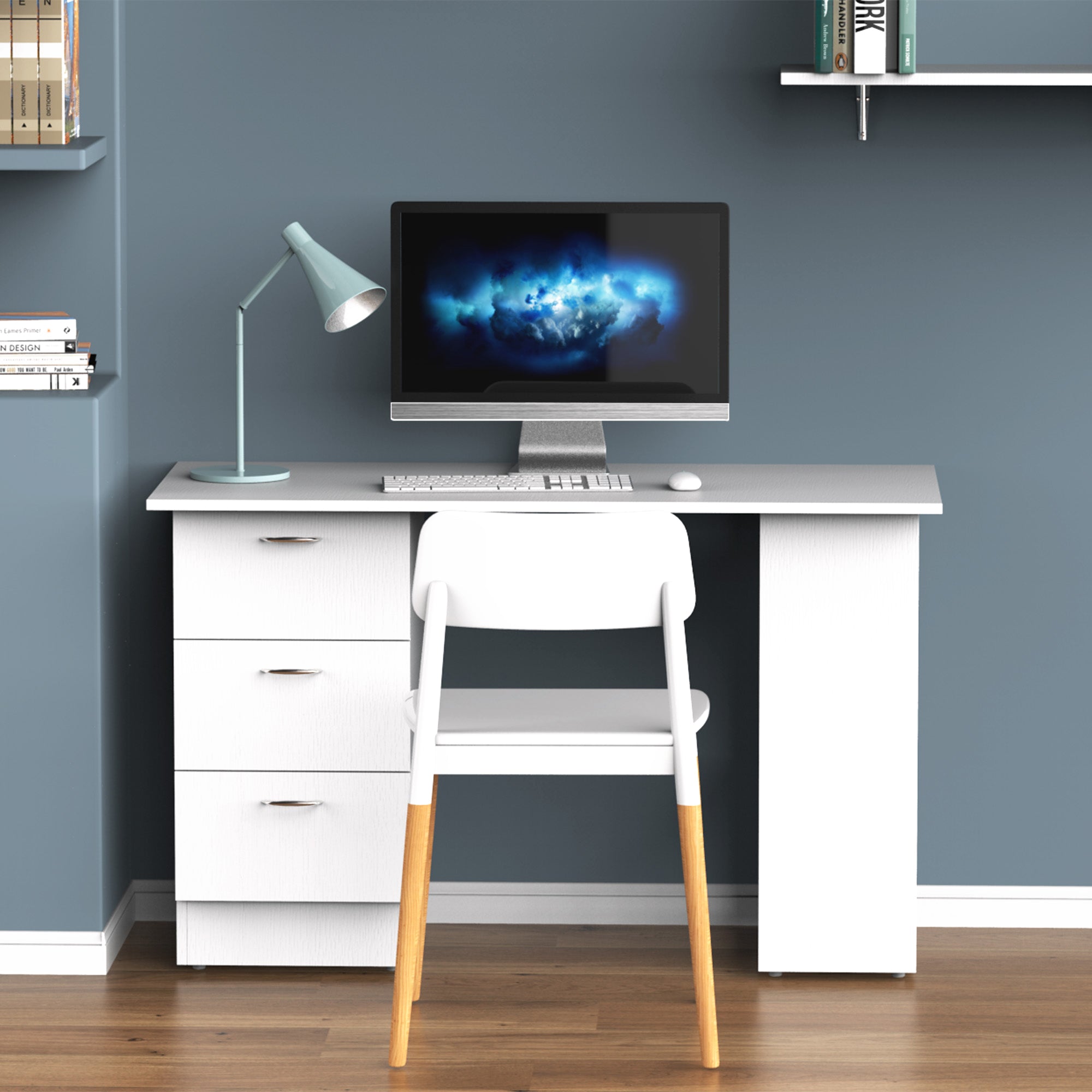 Easycomfort Scrivania Porta PC with 3 Cassetti e 3 Ripiani, Scrivania per Camera e Ufficio in Legno 120x49x72cm white