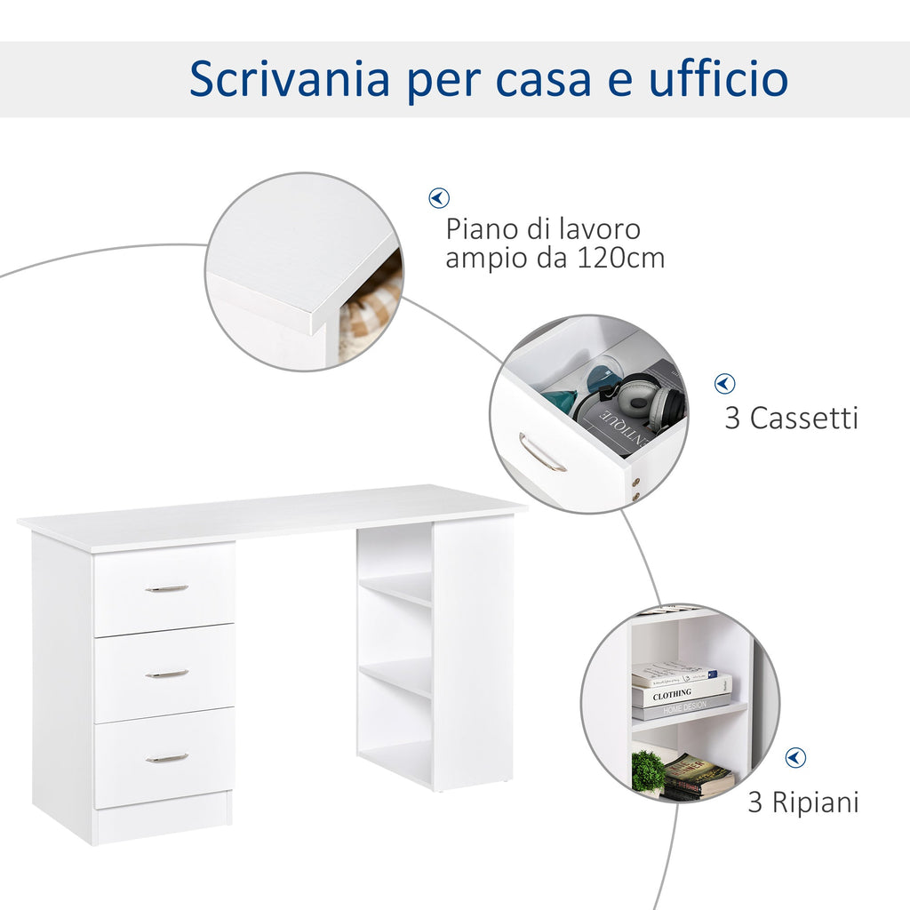 Easycomfort Scrivania Porta PC with 3 Cassetti e 3 Ripiani, Scrivania per Camera e Ufficio in Legno 120x49x72cm white