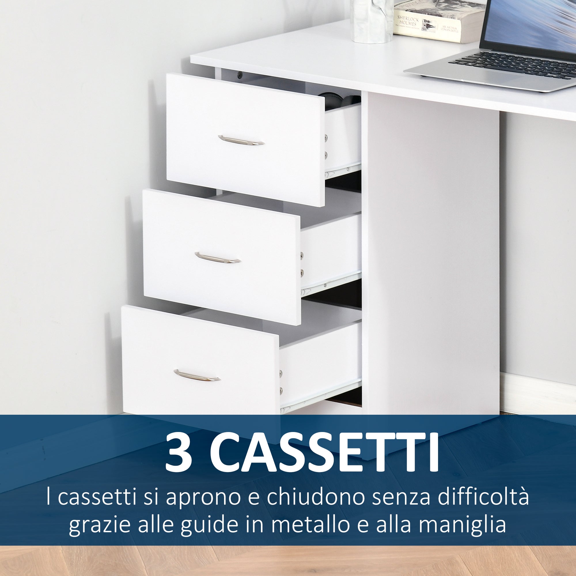 Easycomfort Scrivania Porta PC with 3 Cassetti e 3 Ripiani, Scrivania per Camera e Ufficio in Legno 120x49x72cm white