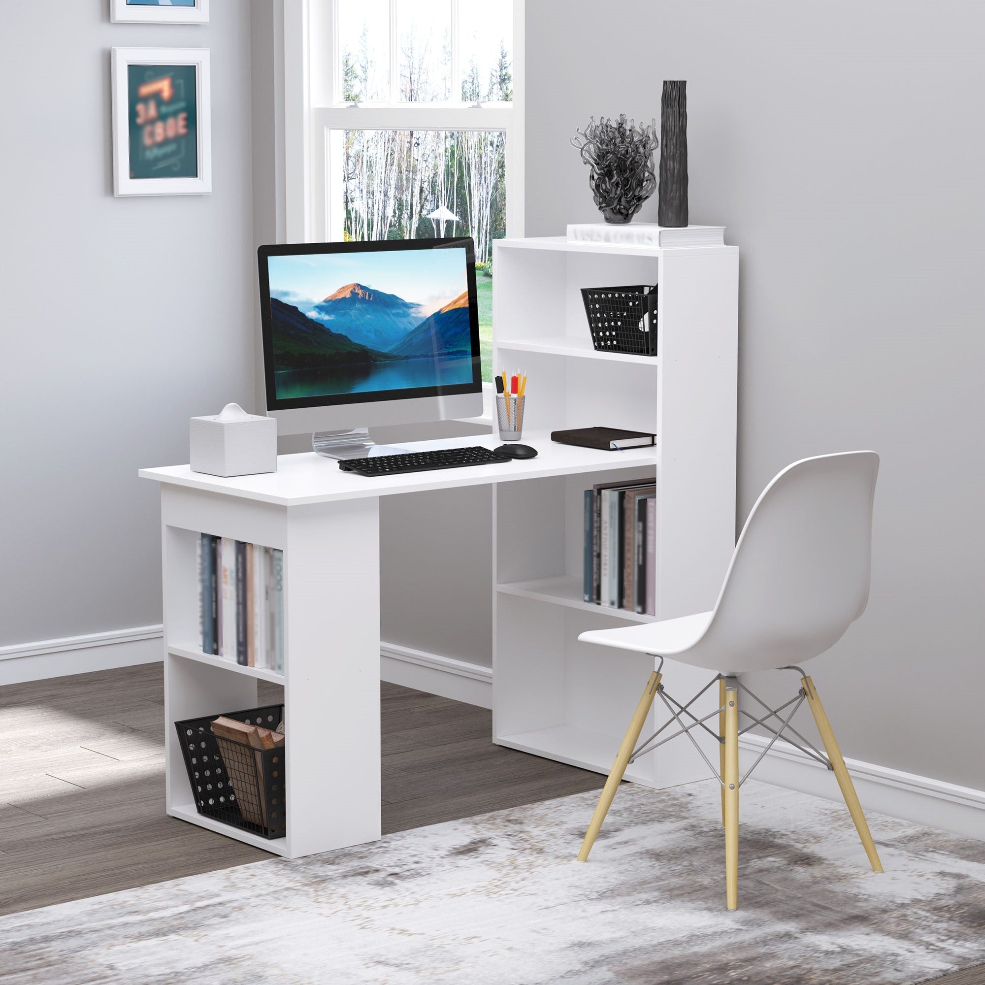 Easycomfort Scrivania Computer with Libreria Salvaspazio, Tavolo da Pranzo per Ufficio e Studio, 120x55x120 cm, white
