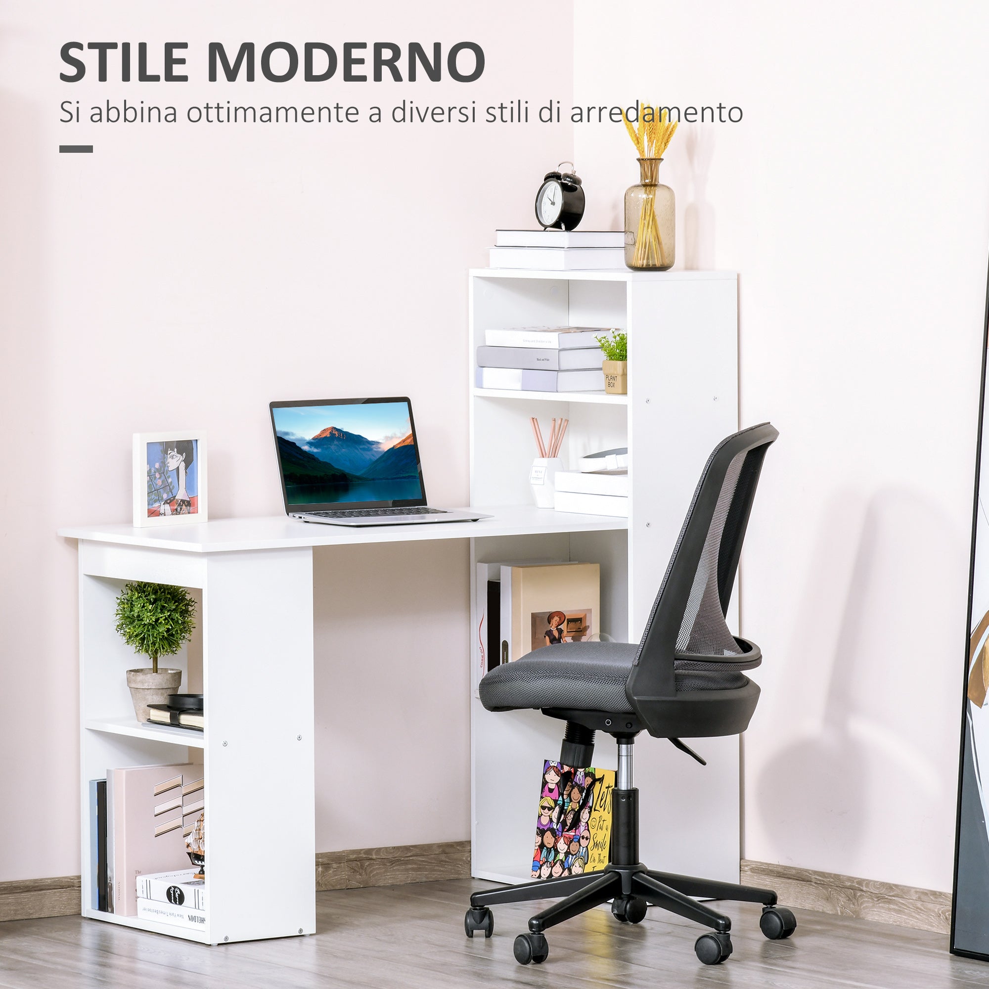Easycomfort Scrivania Computer with Libreria Salvaspazio, Tavolo da Pranzo per Ufficio e Studio, 120x55x120 cm, white