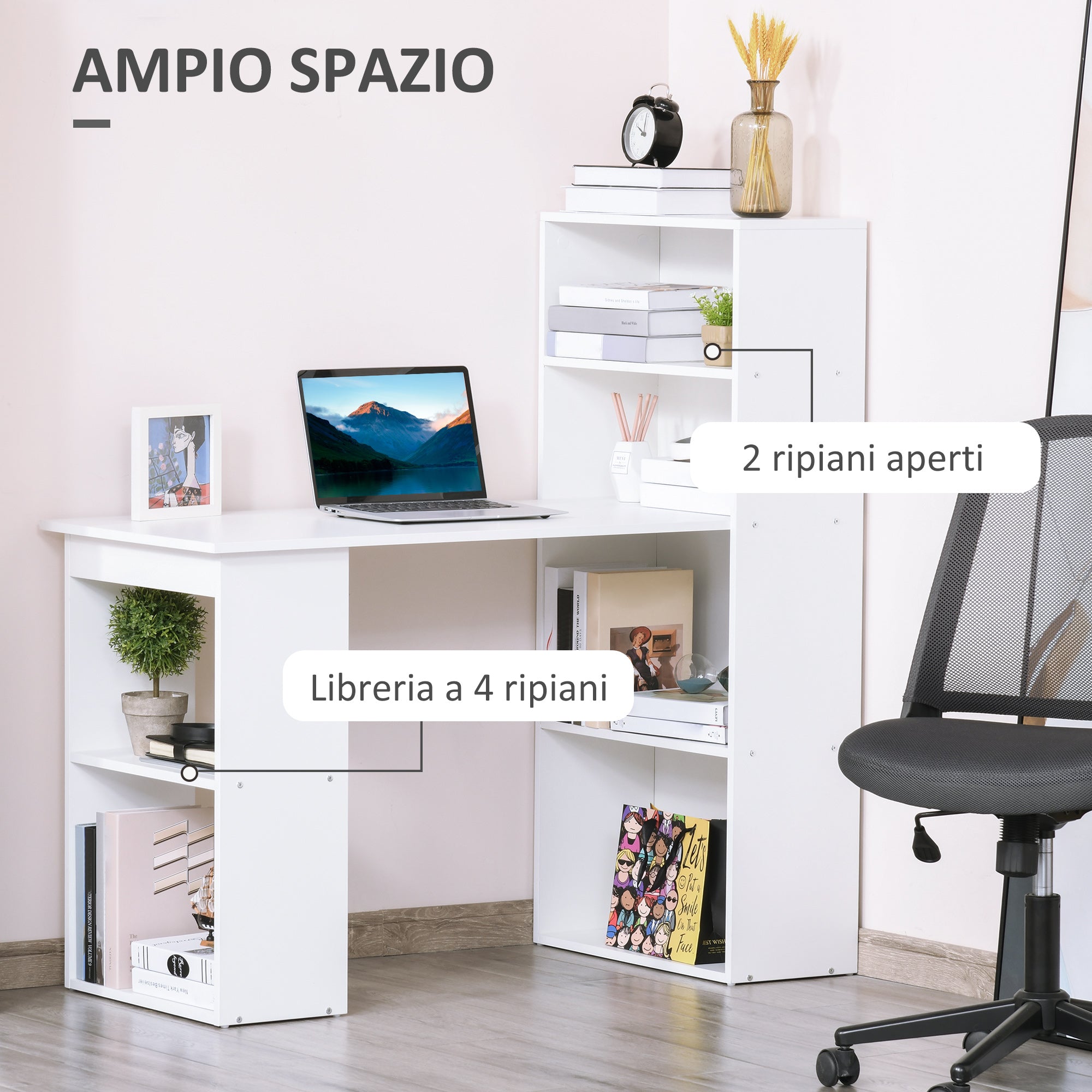 Easycomfort Scrivania Computer with Libreria Salvaspazio, Tavolo da Pranzo per Ufficio e Studio, 120x55x120 cm, white