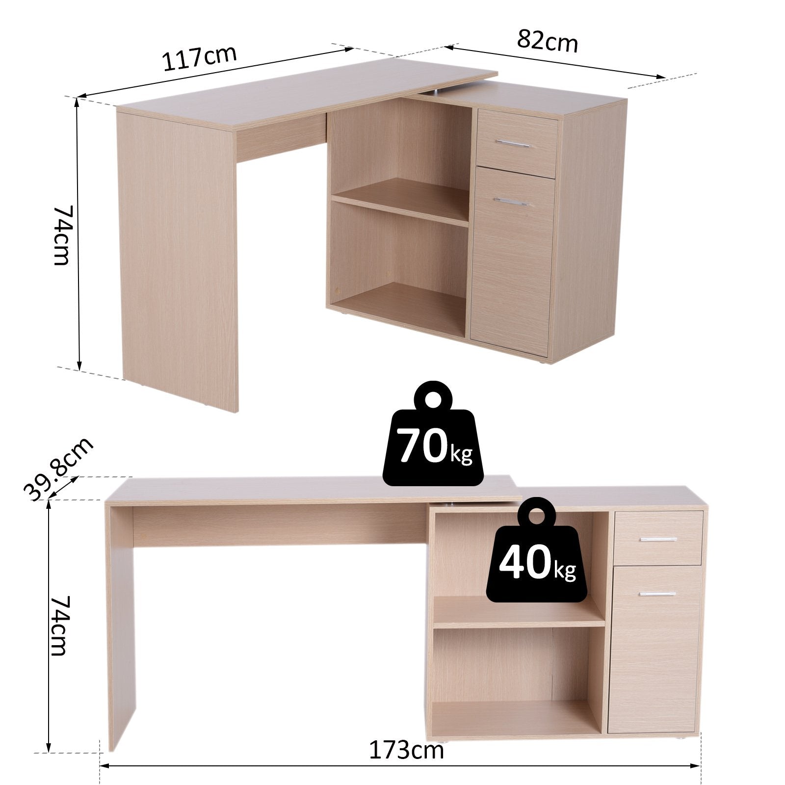 EasyComfort L-vormig draaibaar bureau met 2 planken en 2 lades 117x82x74 cm eiken