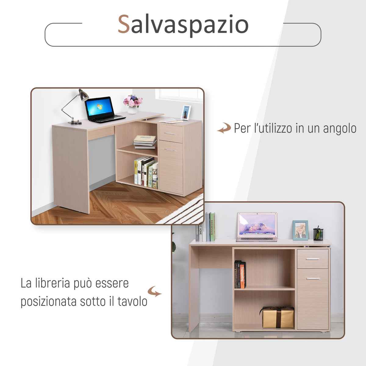 EasyComfort L-vormig draaibaar bureau met 2 planken en 2 lades 117x82x74 cm eiken