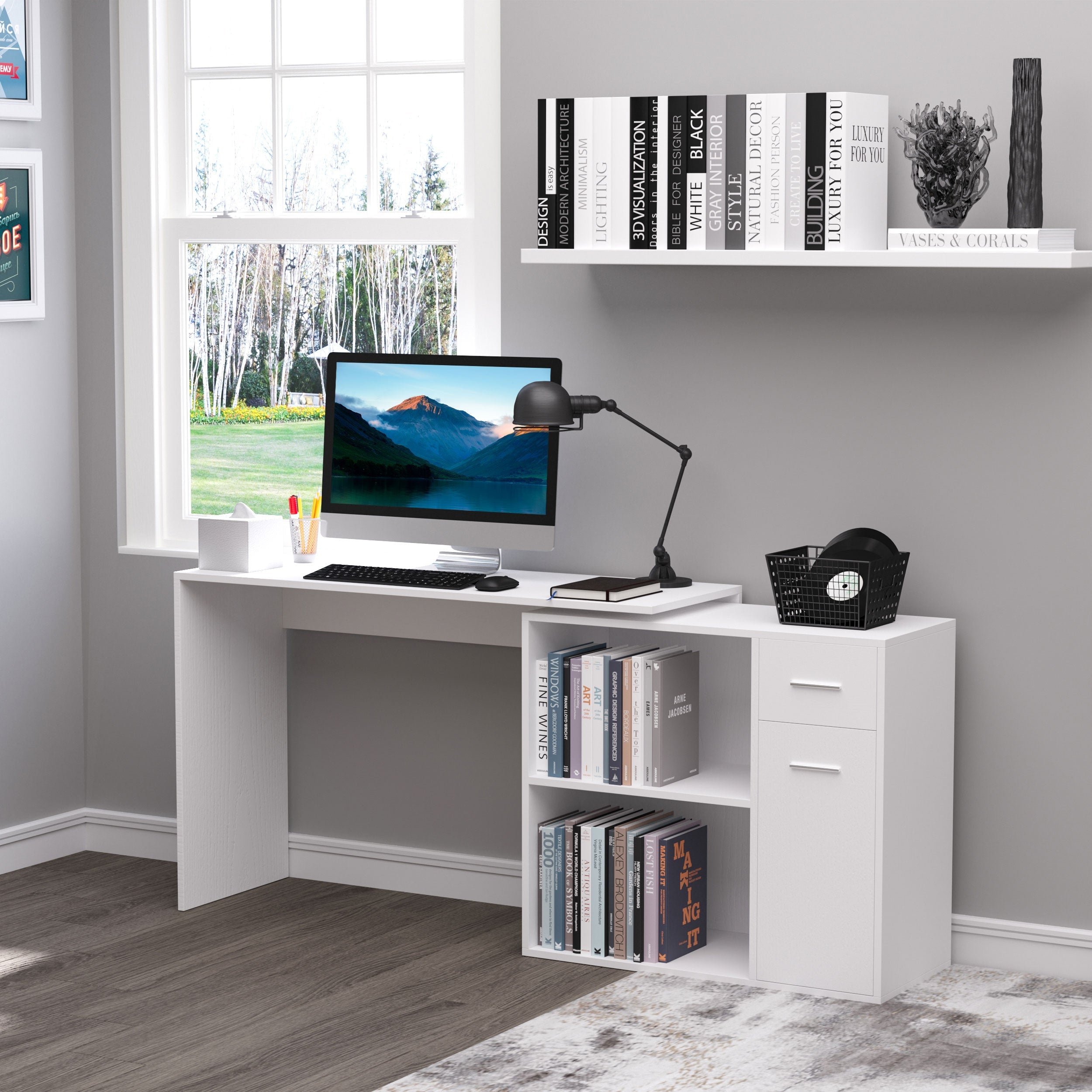 Easycomfort Scrivania Angolare with Libreria Scaffale in Legno white, Tavolo da Pranzo with Rotazione a 360°, 173x39.8x74 cm