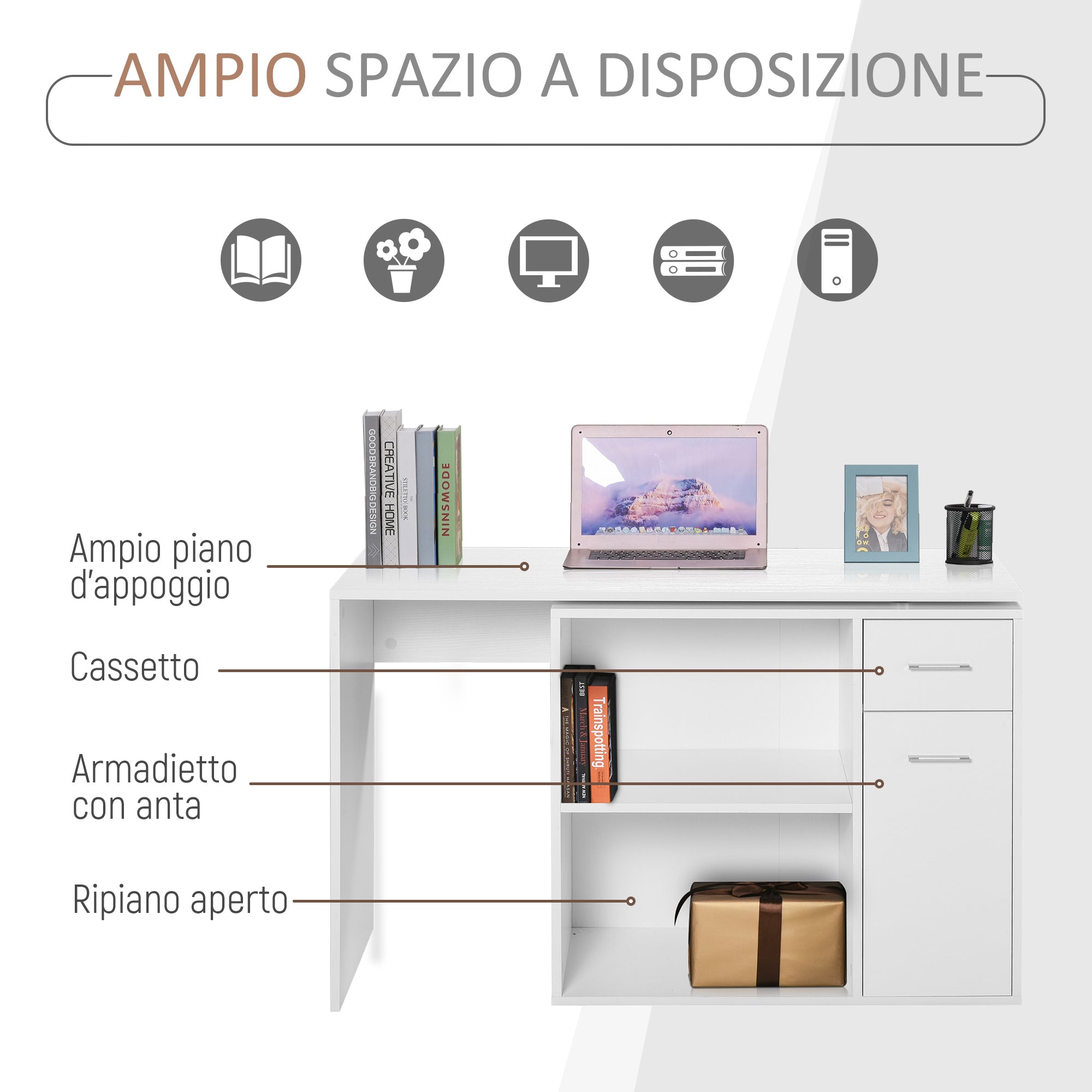 Easycomfort Scrivania Angolare with Libreria Scaffale in Legno white, Tavolo da Pranzo with Rotazione a 360°, 173x39.8x74 cm
