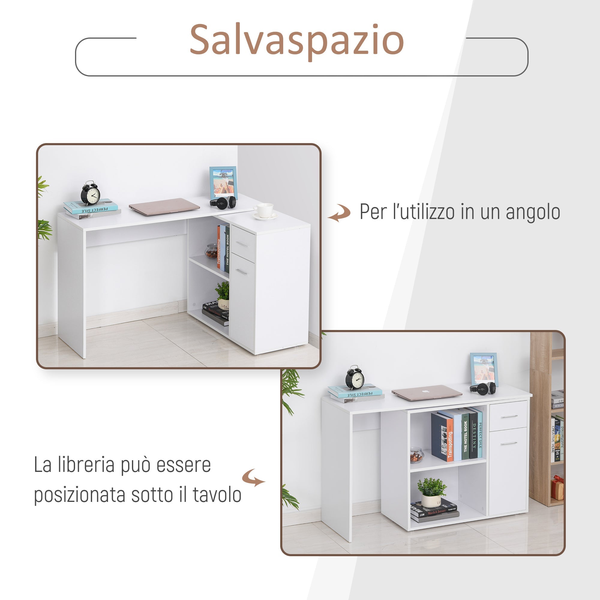 Easycomfort Scrivania Angolare with Libreria Scaffale in Legno white, Tavolo da Pranzo with Rotazione a 360°, 173x39.8x74 cm