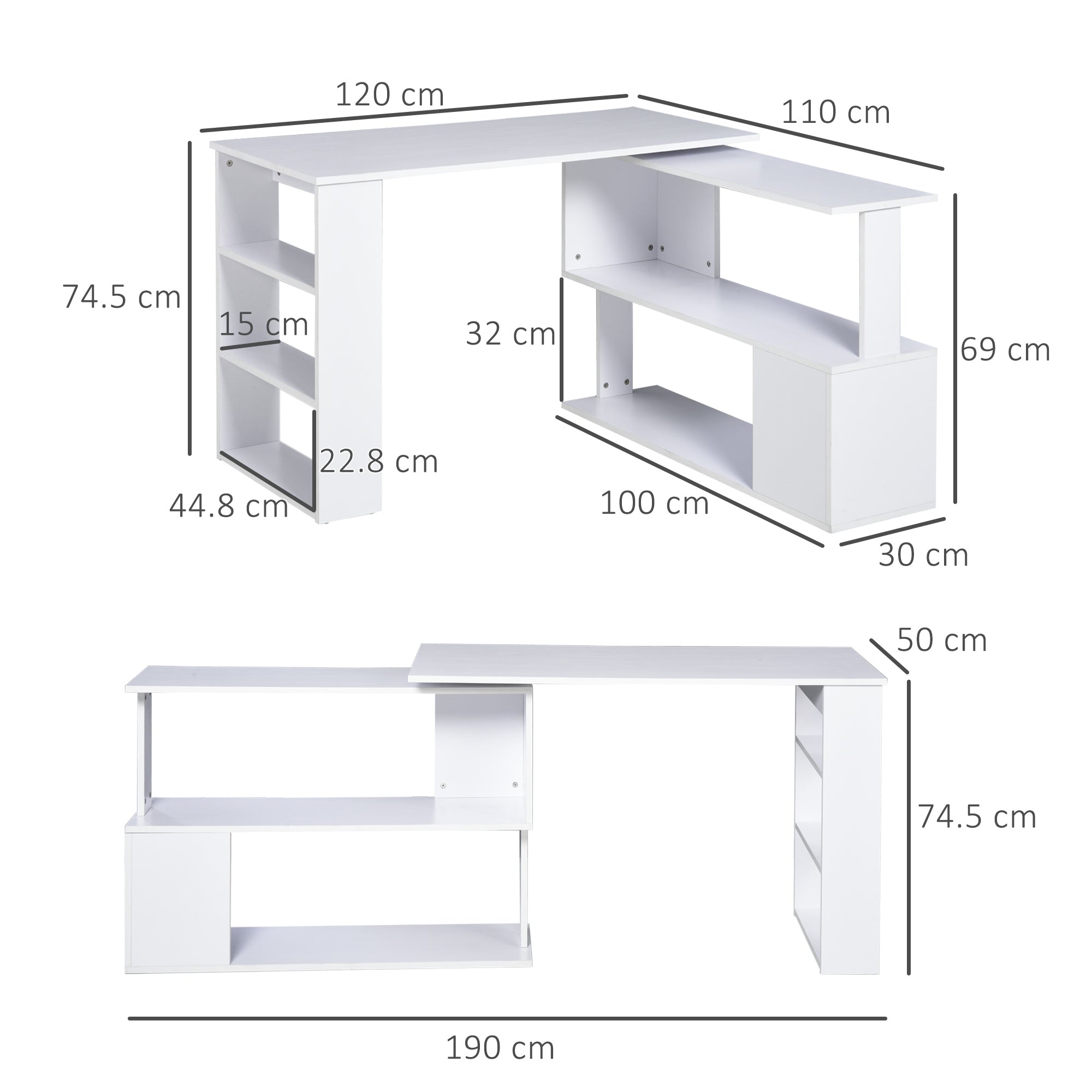 EasyComfort hoekbureau met 5 leLPGanken 120 x 110 x 74.5 cm wit