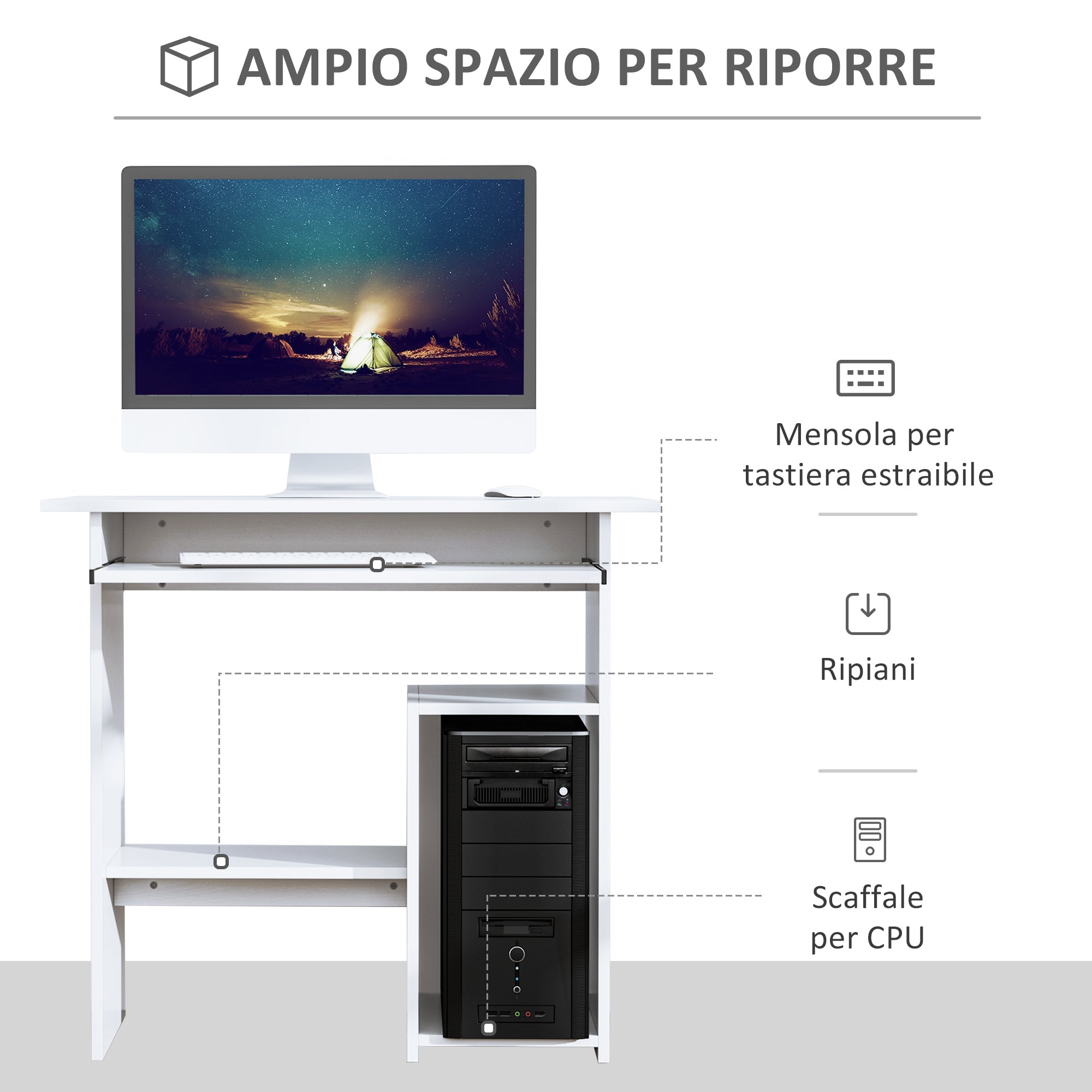 Easycomfort Scrivania per Computer Porta PC Moderna Salvaspazio, Scrivania da Uffcio with Ripiano per CPU e Mensola Tastiera Estraibile in Legno, 80x45x75cm, white