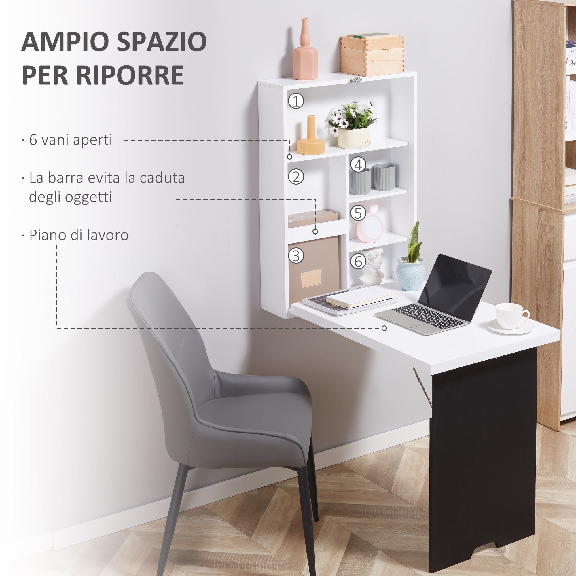 Easycomfort Tavolo Pieghevole da Parete Salvaspazio, Scrivania, Tavolo da Pranzo with Scaffali e Lavagnetta (60x94.5x147cm)