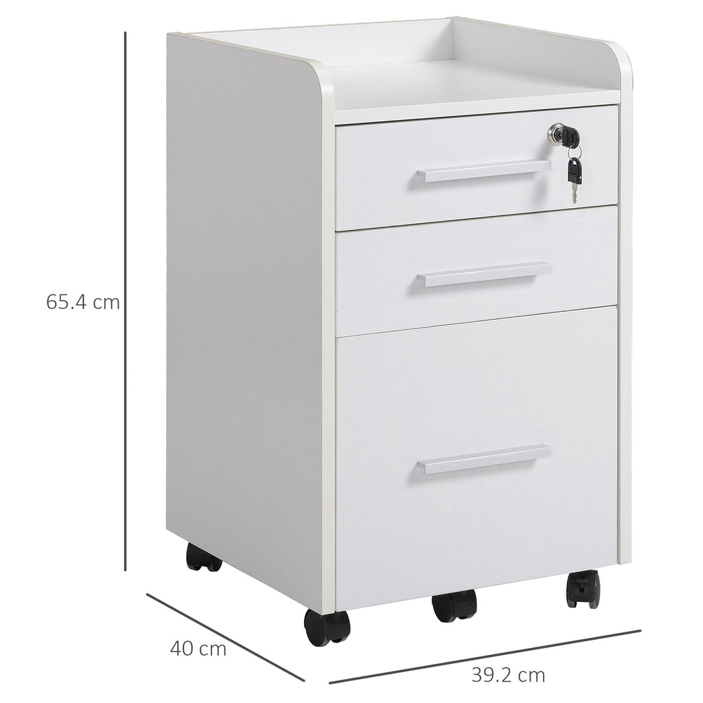 EasyComfort Cassettiera Portadocumento da Ufficio Bianca in Legno, 3 Cassetti with Chiavi e 5 Ruote 39.2 x 40 x 65.4cm
