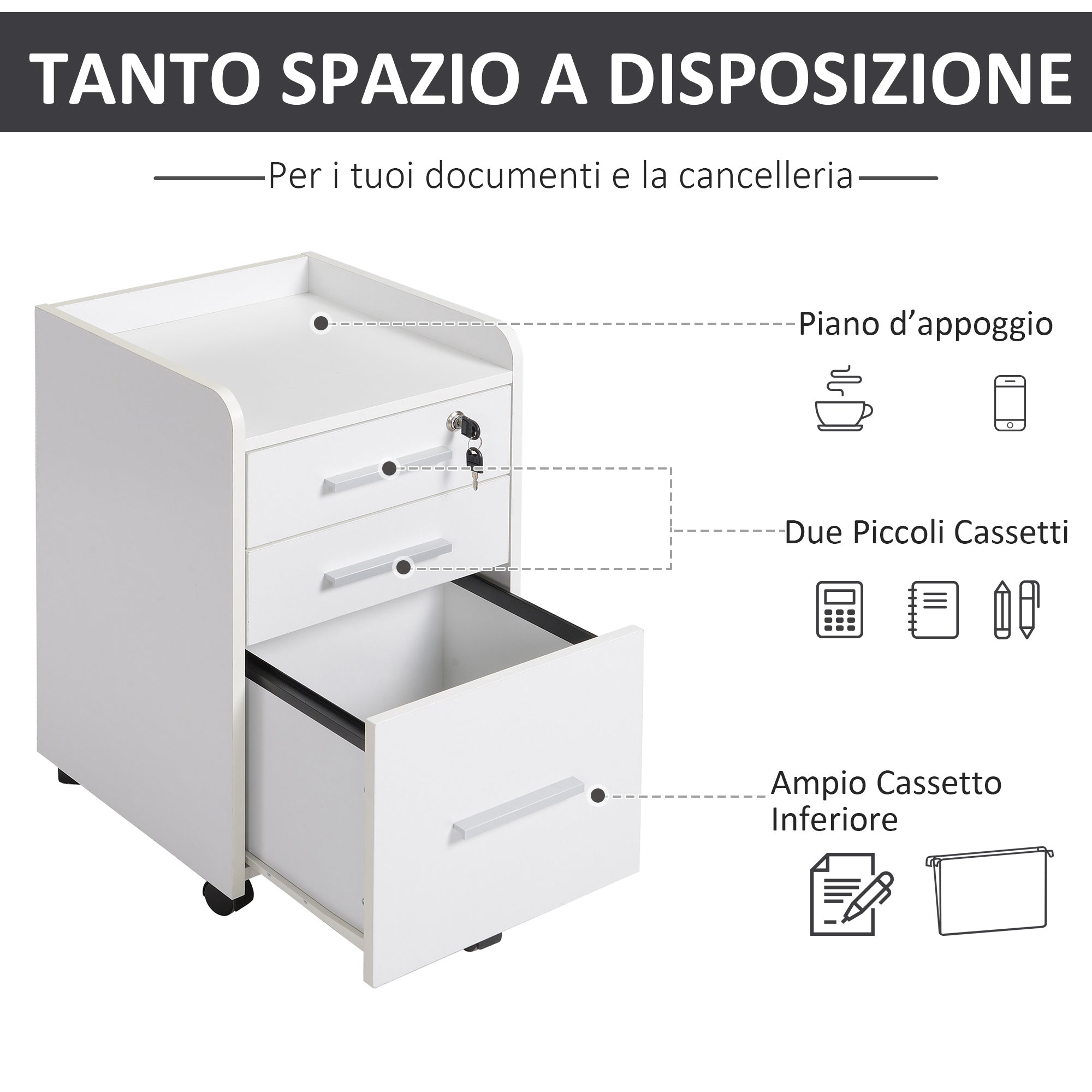 EasyComfort Cassettiera Portadocumento da Ufficio Bianca in Legno, 3 Cassetti with Chiavi e 5 Ruote 39.2 x 40 x 65.4cm