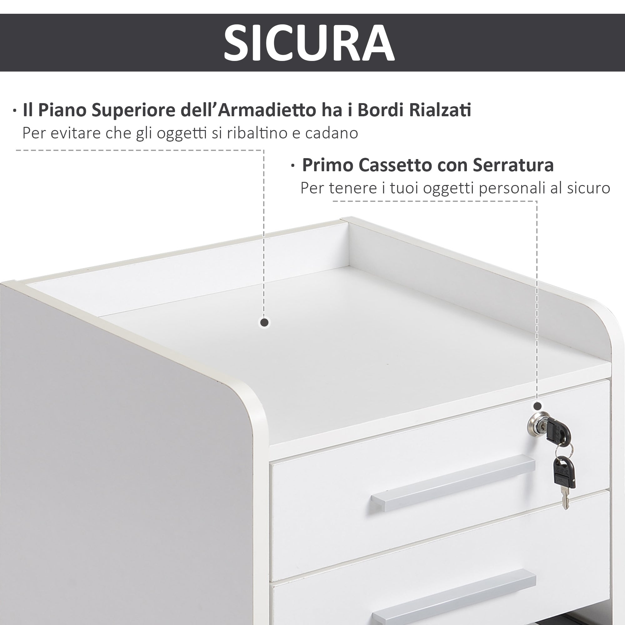 EasyComfort Cassettiera Portadocumento da Ufficio Bianca in Legno, 3 Cassetti with Chiavi e 5 Ruote 39.2 x 40 x 65.4cm