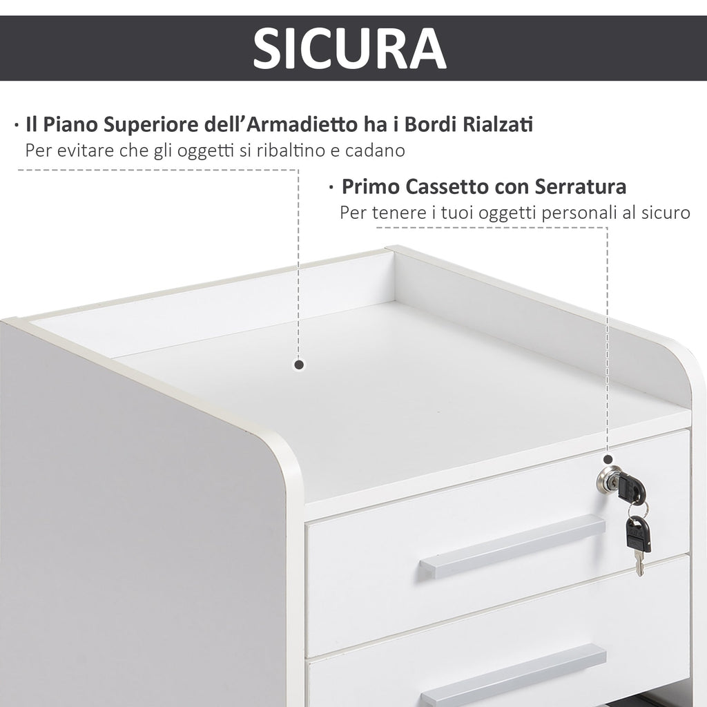 EasyComfort Cassettiera Portadocumento da Ufficio Bianca in Legno, 3 Cassetti with Chiavi e 5 Ruote 39.2 x 40 x 65.4cm