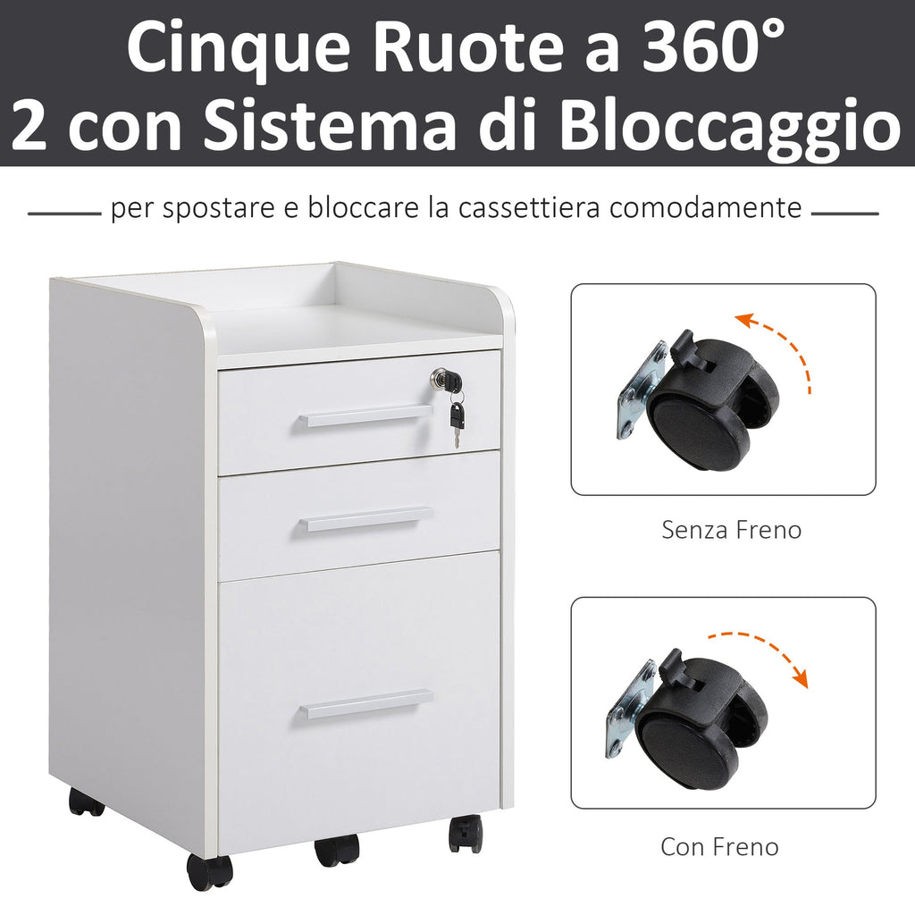 EasyComfort Cassettiera Portadocumento da Ufficio Bianca in Legno, 3 Cassetti with Chiavi e 5 Ruote 39.2 x 40 x 65.4cm