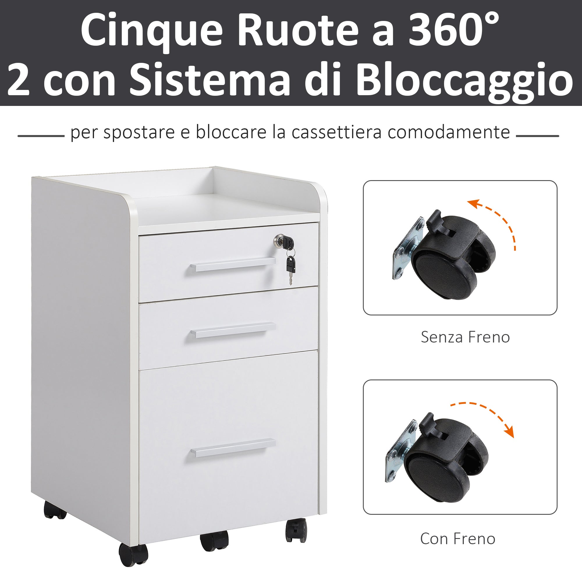EasyComfort Cassettiera Portadocumento da Ufficio Bianca in Legno, 3 Cassetti with Chiavi e 5 Ruote 39.2 x 40 x 65.4cm