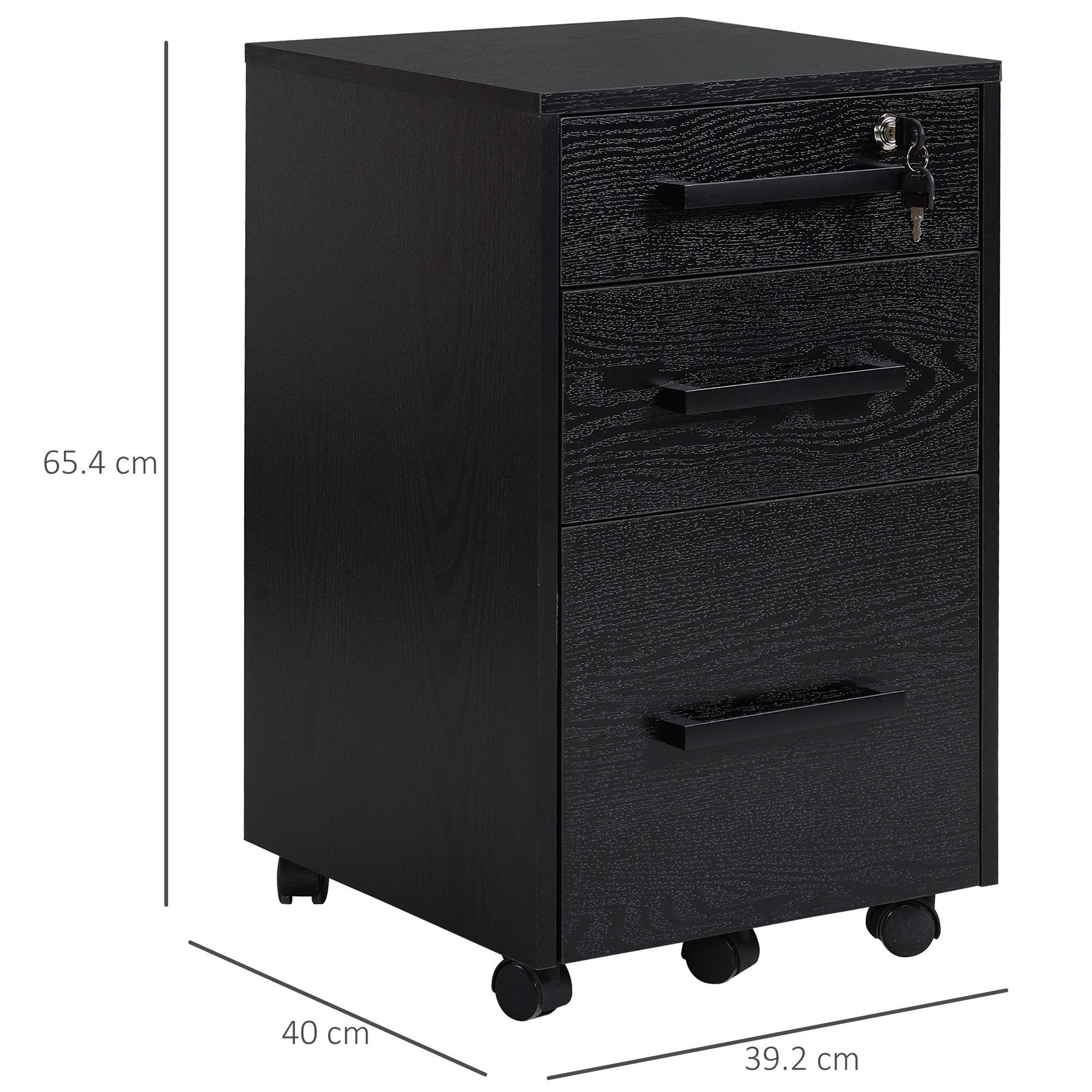 EasyComfort Cassettiera Portadocumenti da Ufficio Schedario with 3 Cassetti e Serratura, in Legno, black, 39.2 x 40 x 65.4cm